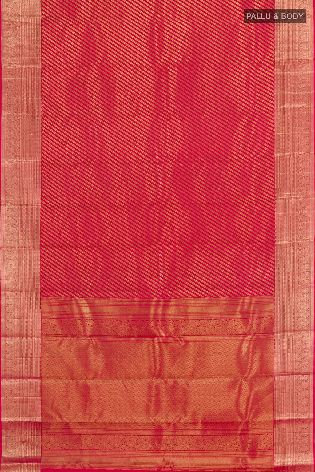 Flat view of Red Kanchipuram Silk Saree with Stripes on the body and Zari Border. 