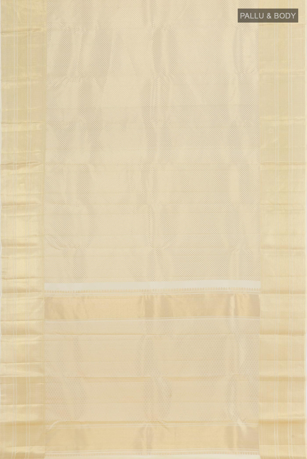 Flat view of Off White Kanchipuram Silk Saree with Zari Brocade on the body and Zari Border. 