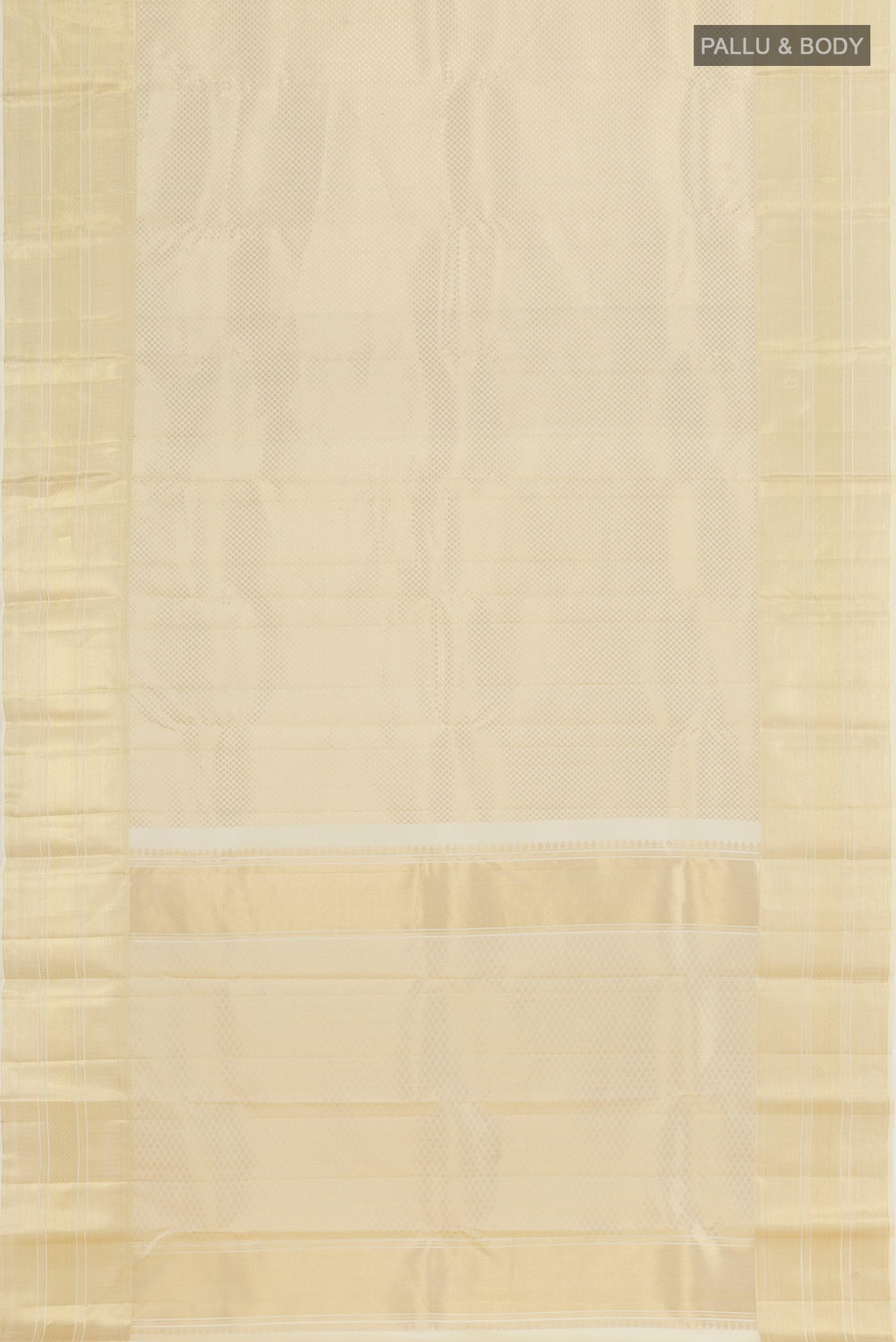 Flat view of Off White Kanchipuram Silk Saree with Zari Brocade on the body and Zari Border. 