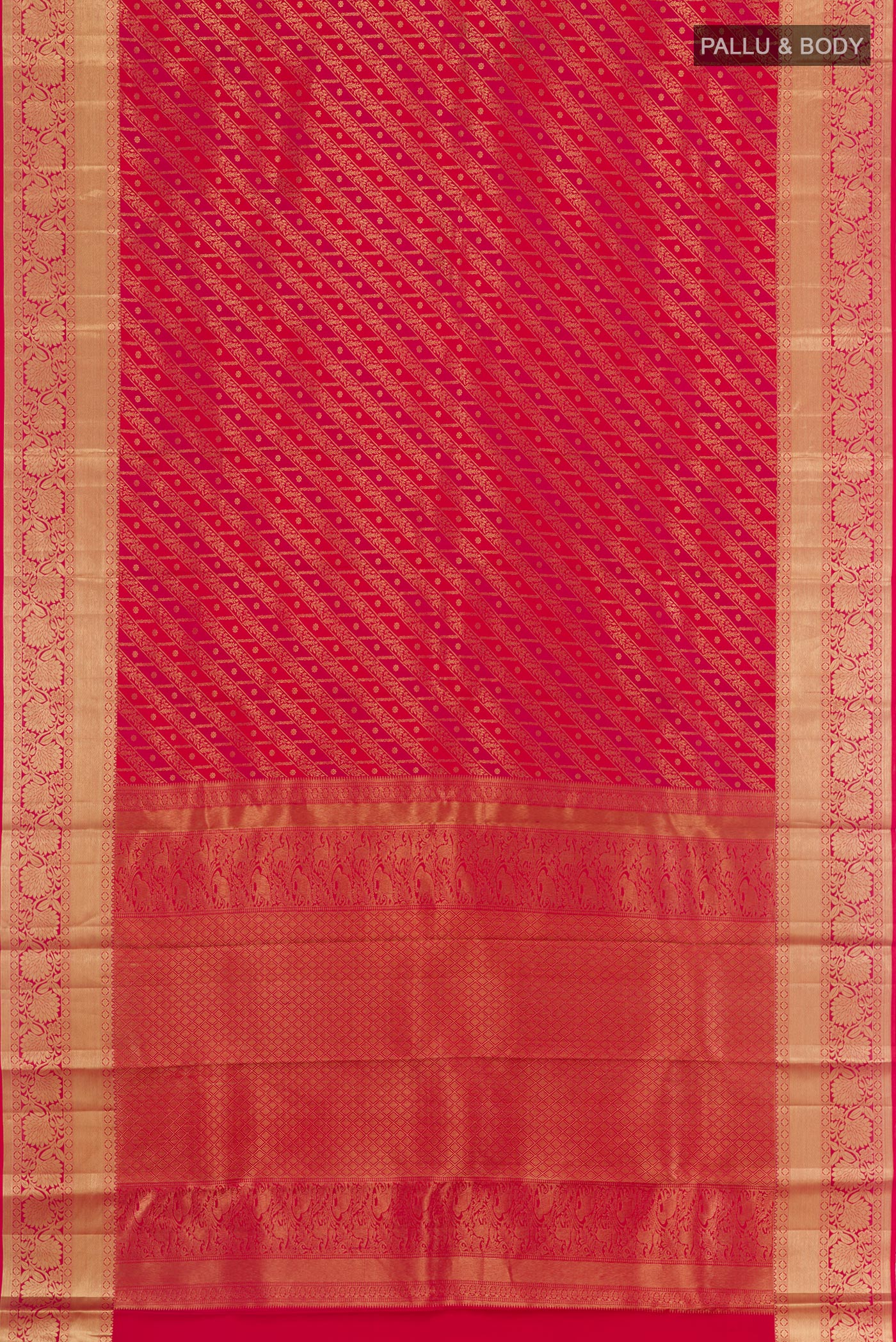 Flat view of Red Kanchipuram Silk Saree with Zari Brocade on the body and Zari Border. 