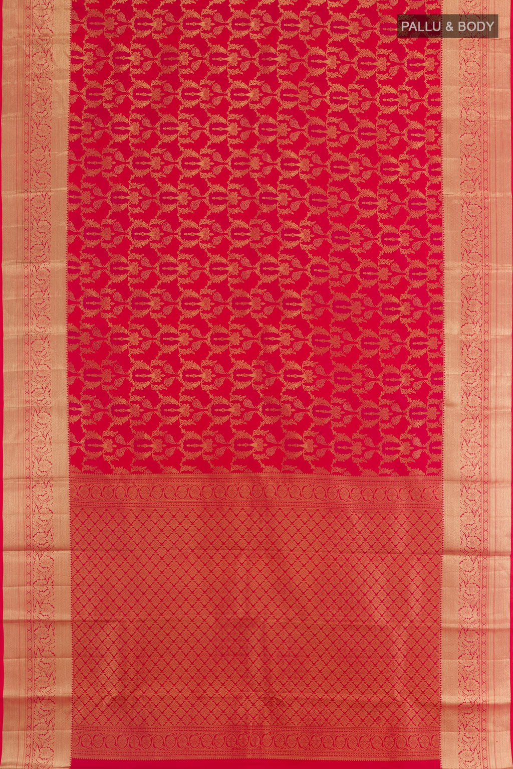 Flat view of Red Kanchipuram Silk Saree with Zari Brocade on the body and Zari Border. 