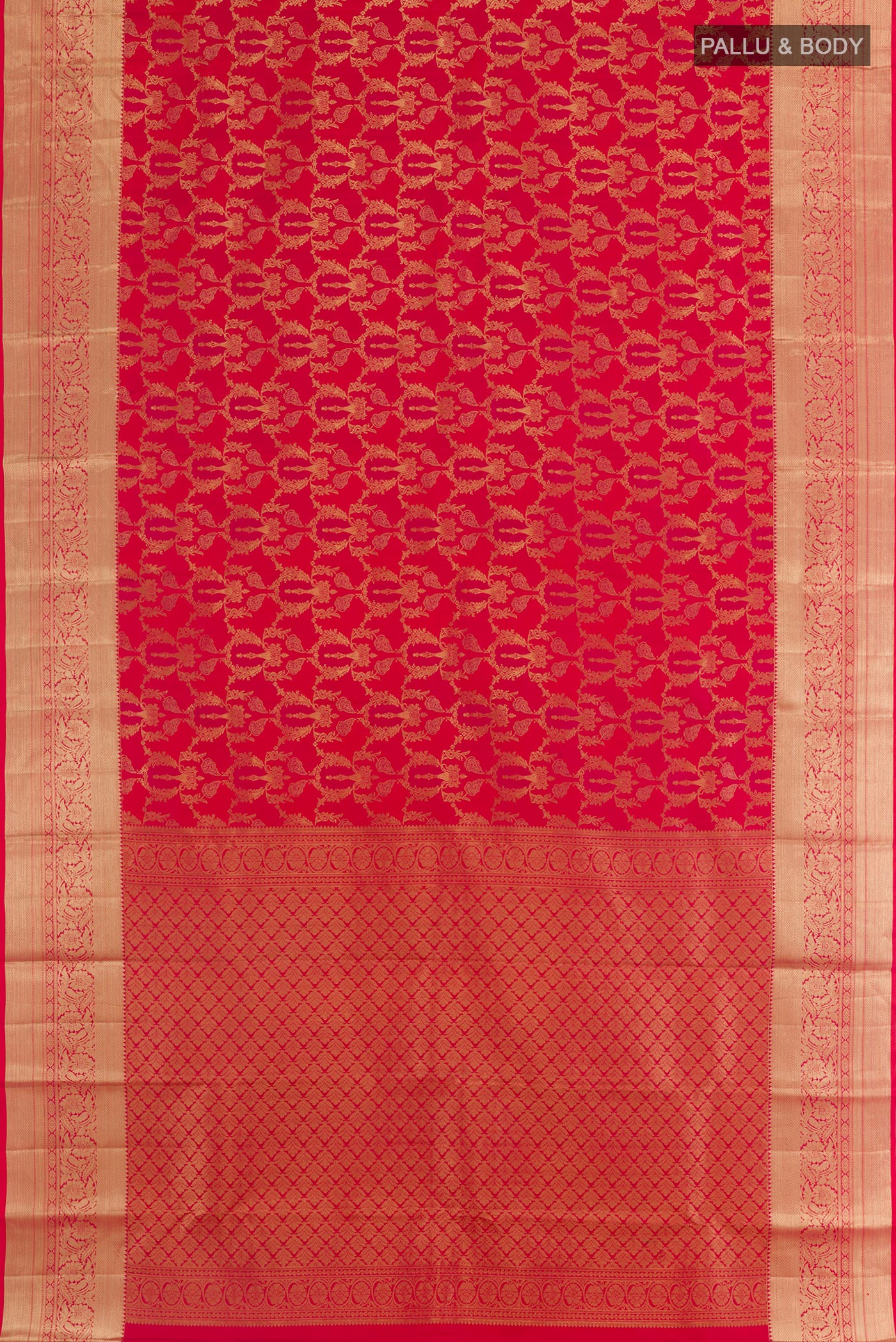 Flat view of Red Kanchipuram Silk Saree with Zari Brocade on the body and Zari Border. 
