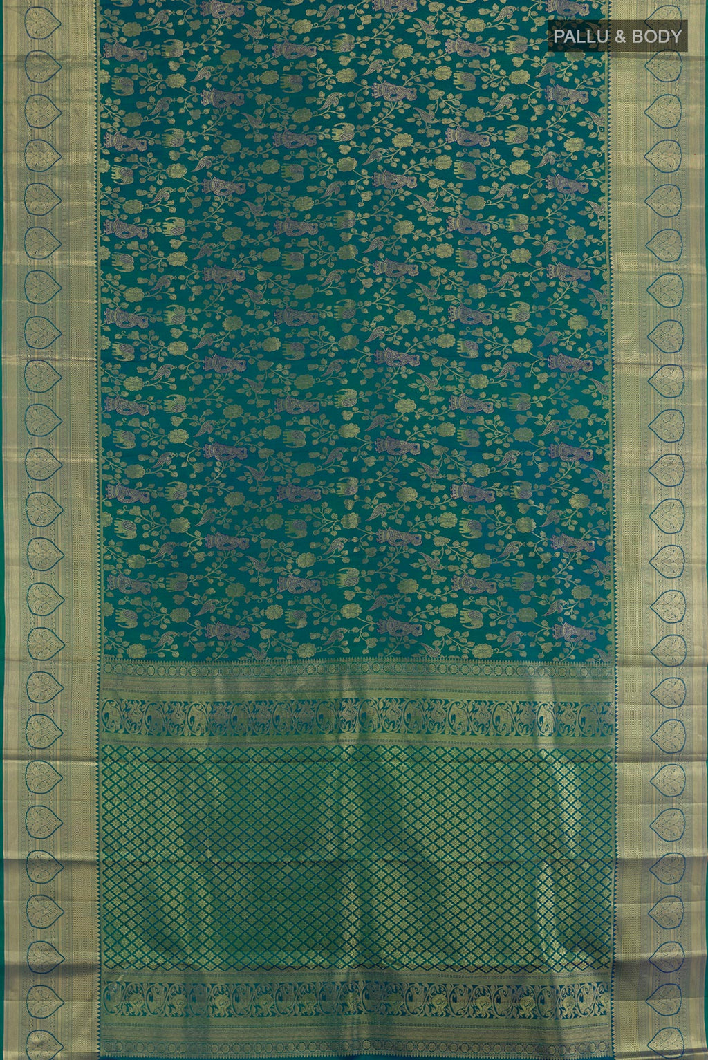 Flat view of Peacock Blue Kanchipuram Silk Saree with Zari Brocade on the body and Zari Border. 