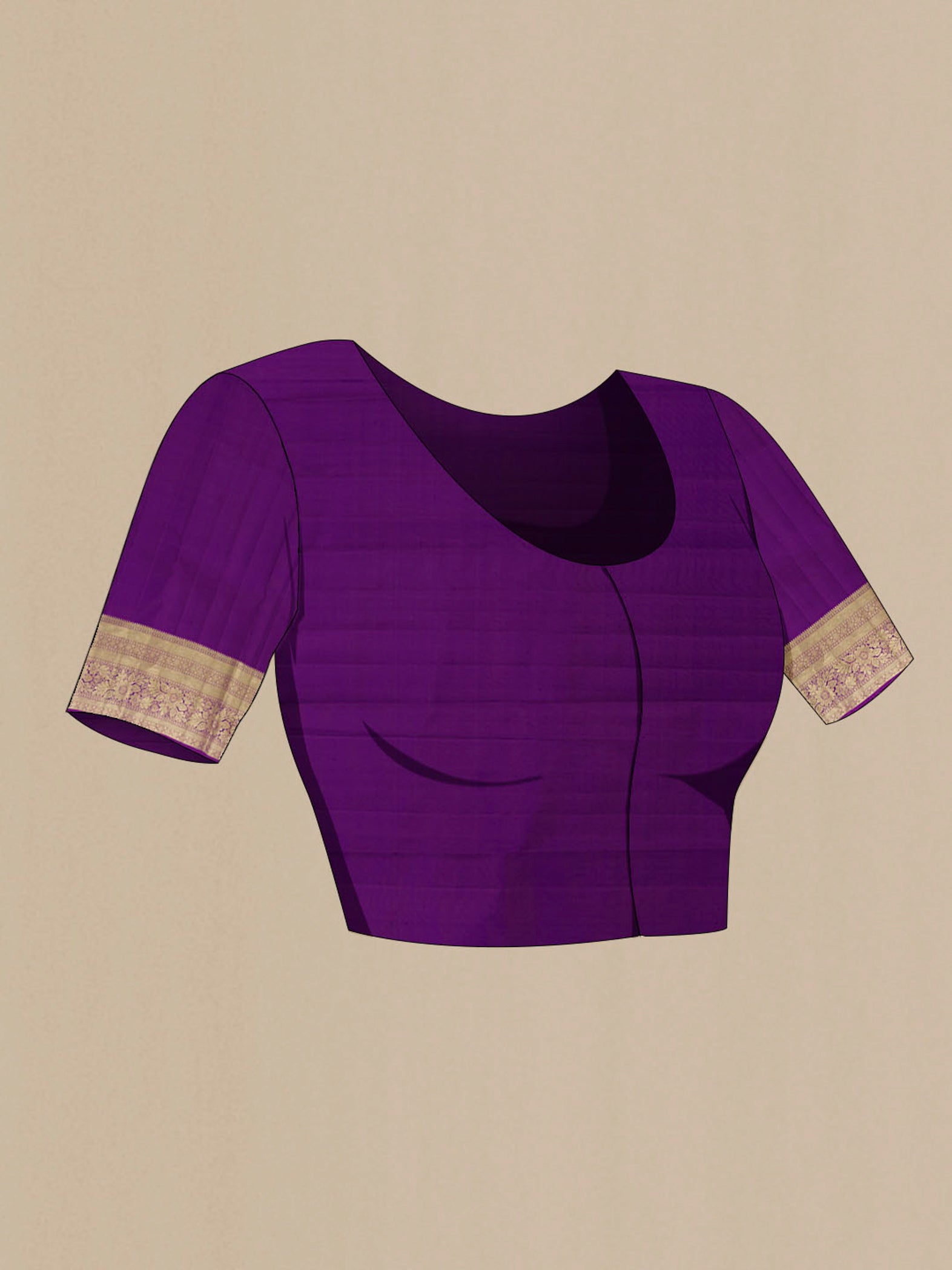 Close up image of the blouse of Purple Kanchipuram Silk Saree with Zari Brocade on the body and Zari Border. 