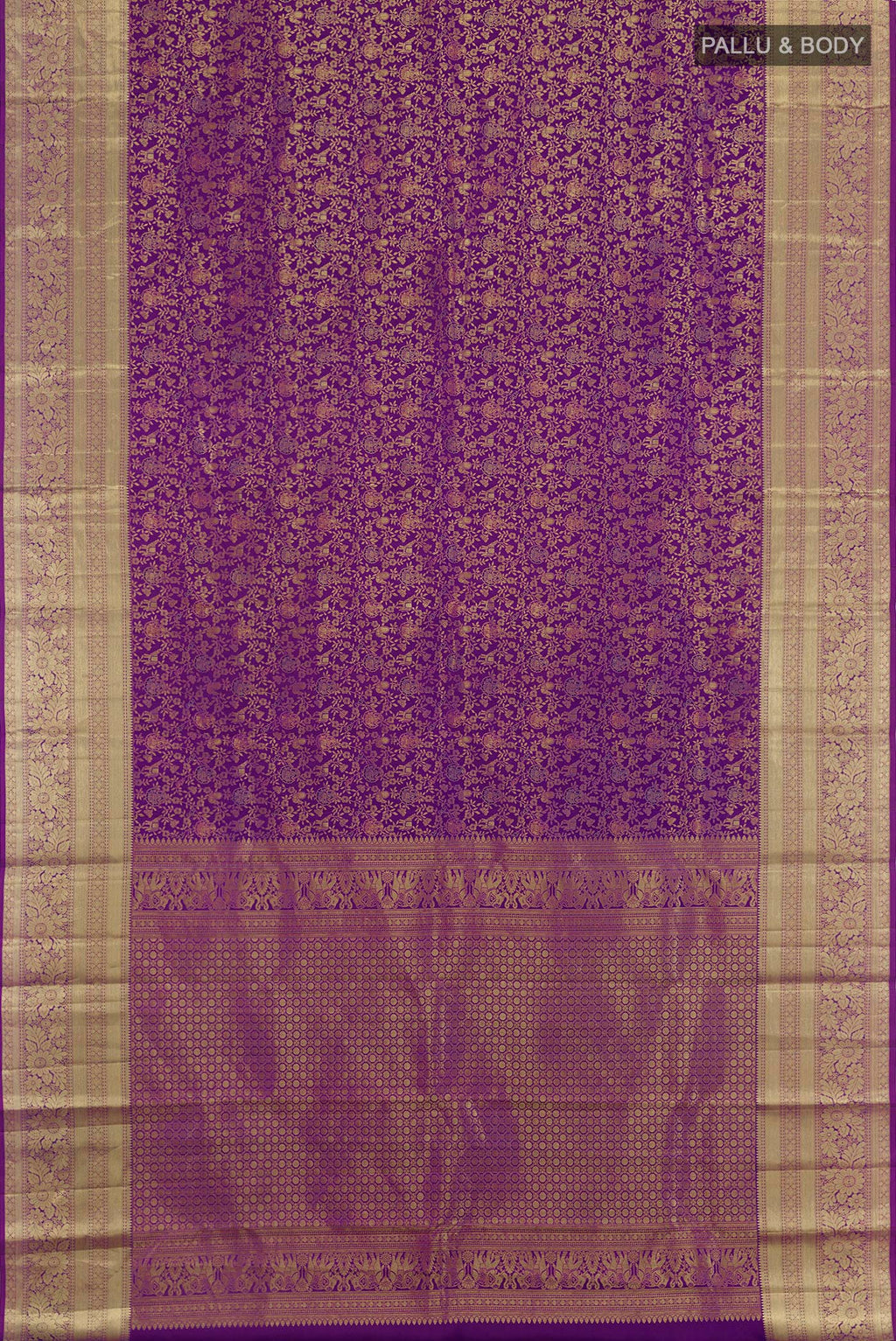 Flat view of Purple Kanchipuram Silk Saree with Zari Brocade on the body and Zari Border. 