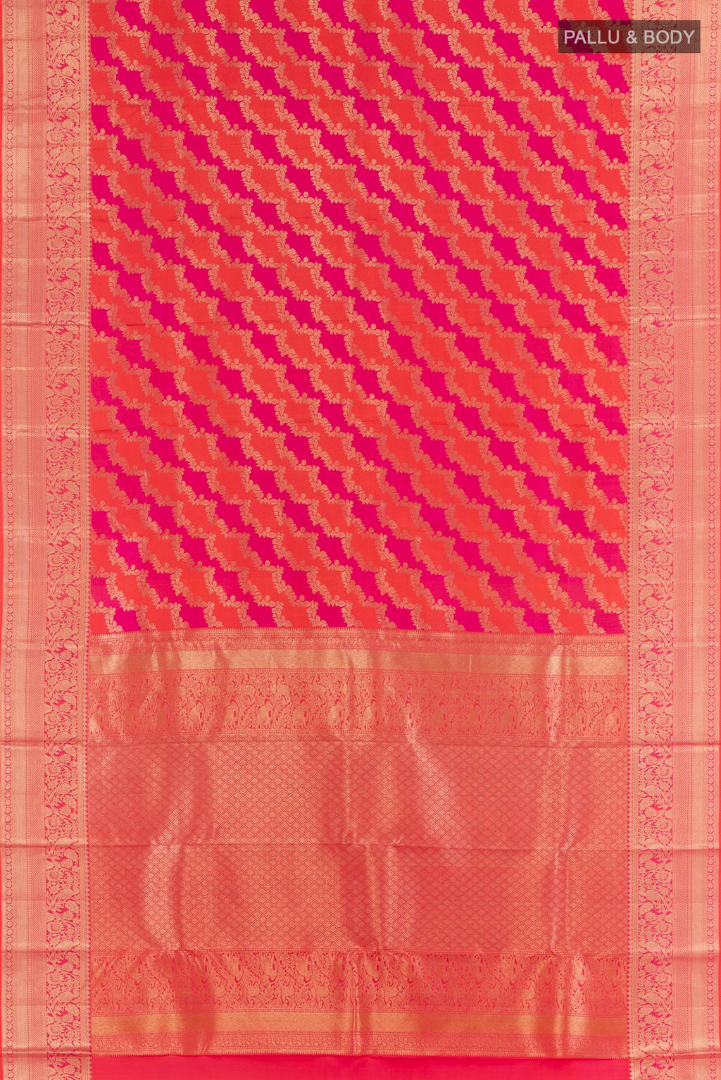 Flat view of Orange Kanchipuram Silk Saree with Zari Brocade on the body and Paithani Border. 