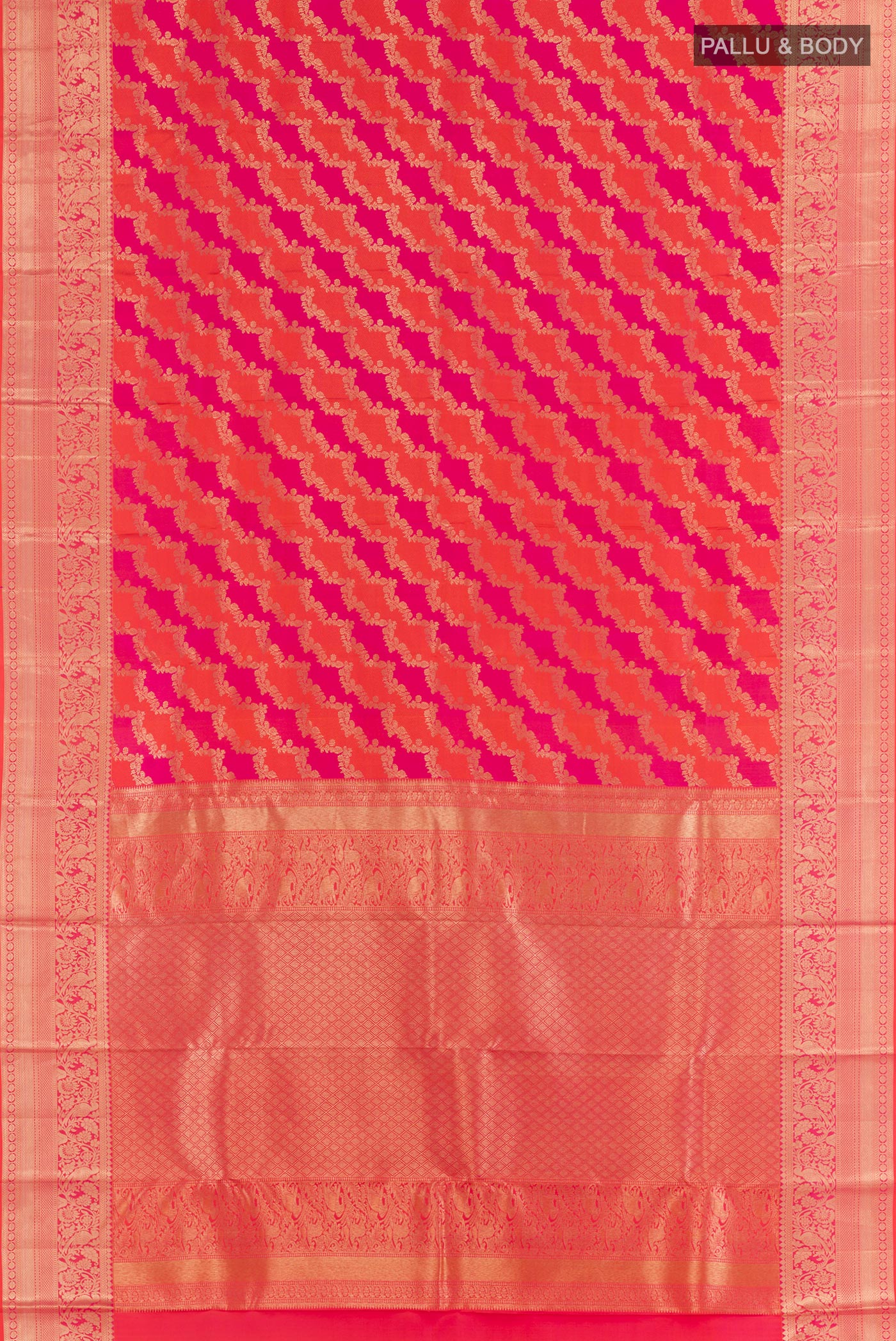 Flat view of Orange Kanchipuram Silk Saree with Zari Brocade on the body and Paithani Border. 