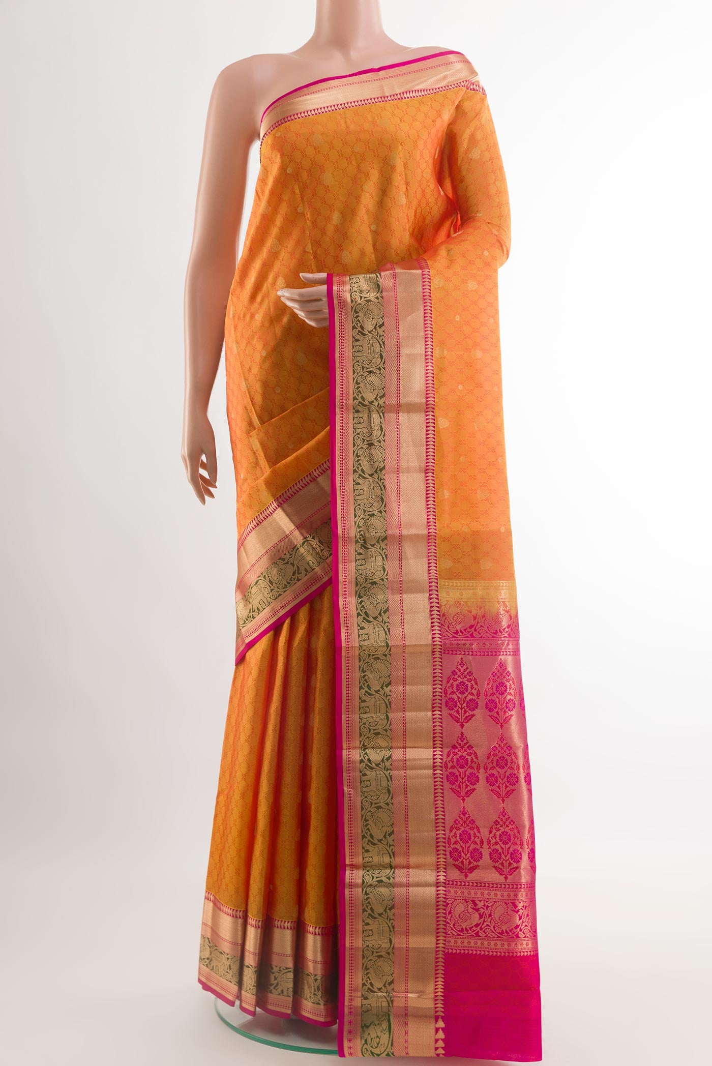 Yellow Kanjivaram Silk Saree with Jacquard With Zari Butta on the body and Zari Border.  displayed on a mannequin