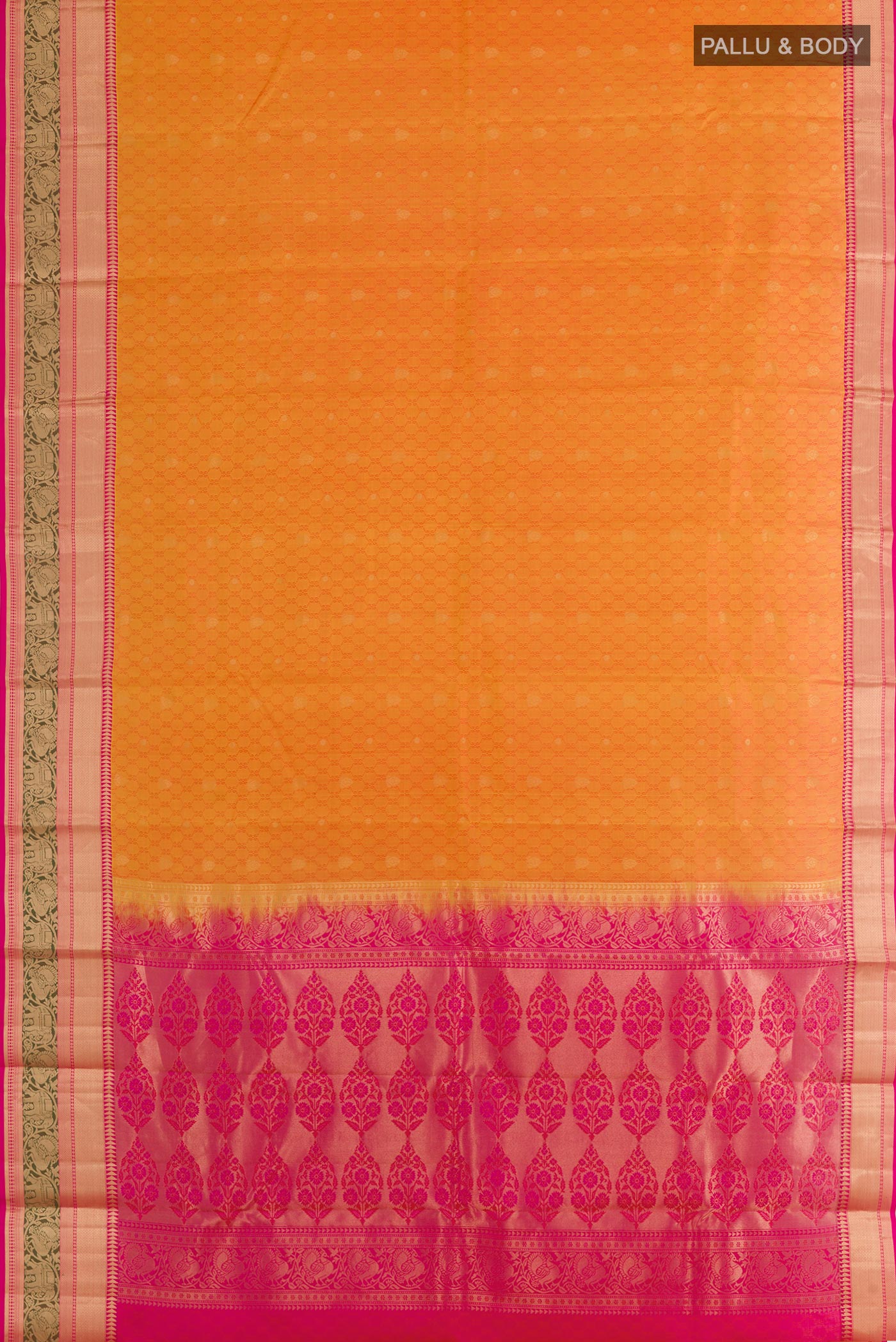 Flat view of Yellow Kanjivaram Silk Saree with Jacquard With Zari Butta on the body and Zari Border. 