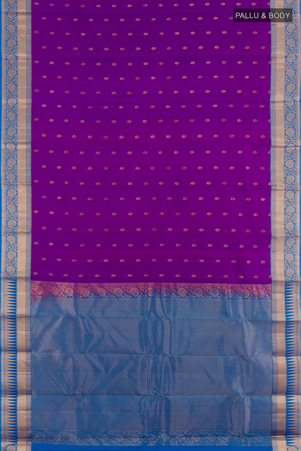 Flat view of Purple Kanjivaram Silk Saree with Zari Butta on the body and Zari Border. 