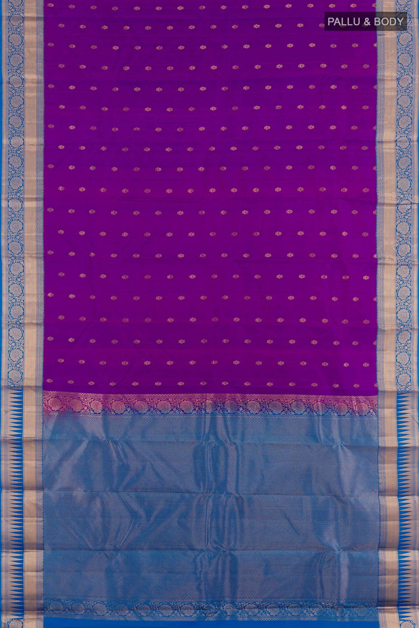 Flat view of Purple Kanjivaram Silk Saree with Zari Butta on the body and Zari Border. 