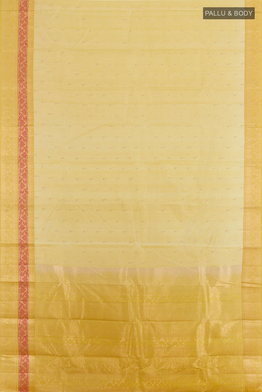 Flat view of Cream Kanjivaram Silk Saree with Zari Butta on the body and Zari Border. 