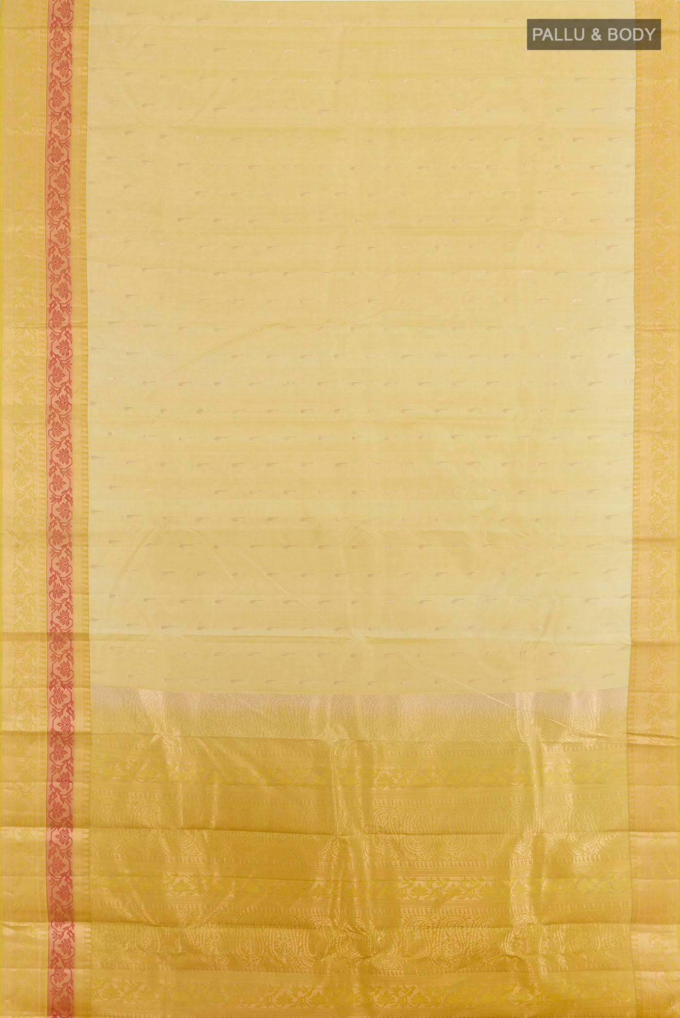 Flat view of Cream Kanjivaram Silk Saree with Zari Butta on the body and Zari Border. 