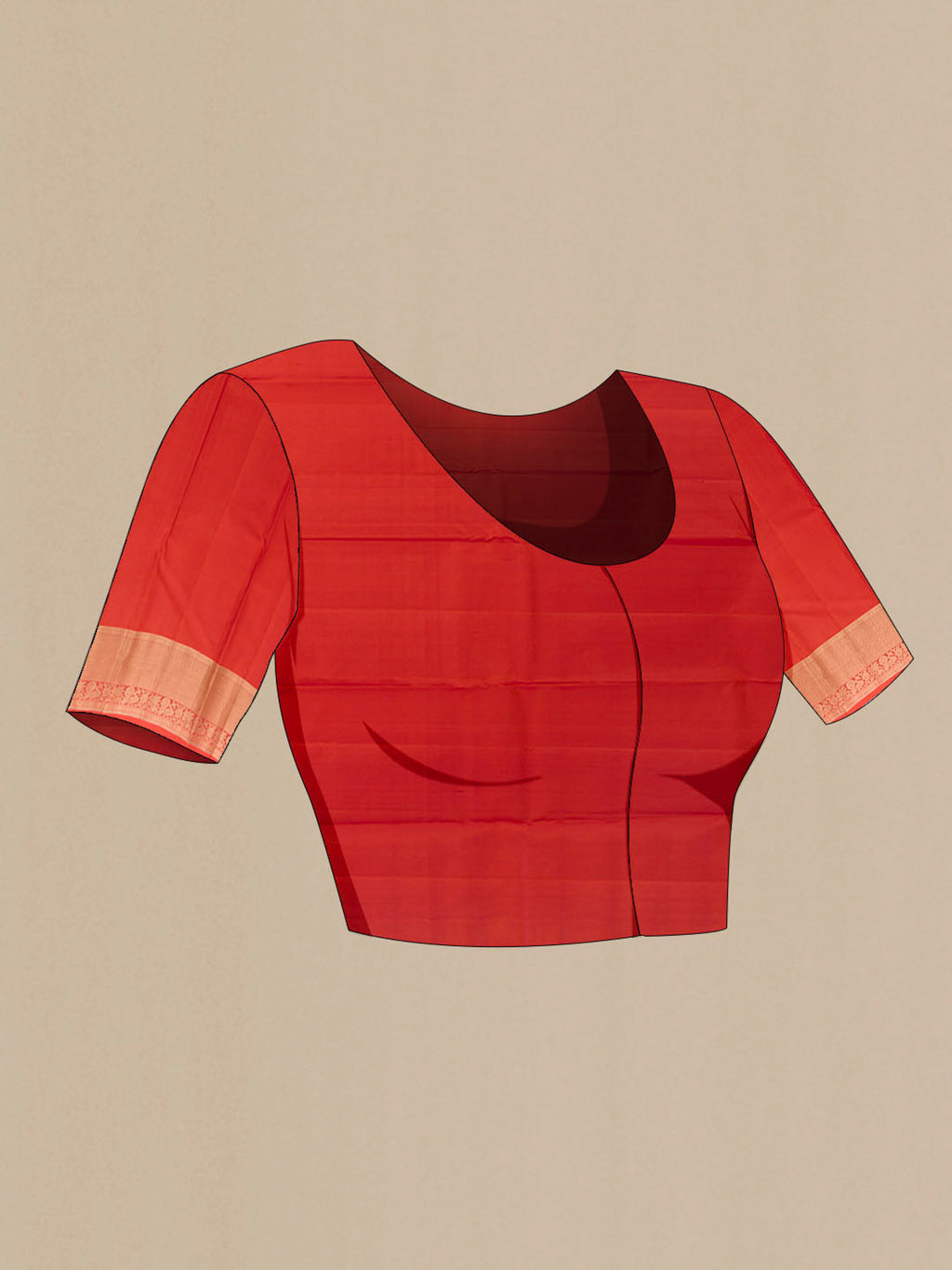 Close up image of the blouse of Rust Kanjivaram Silk Saree with Zari Butta on the body and Zari Border. 
