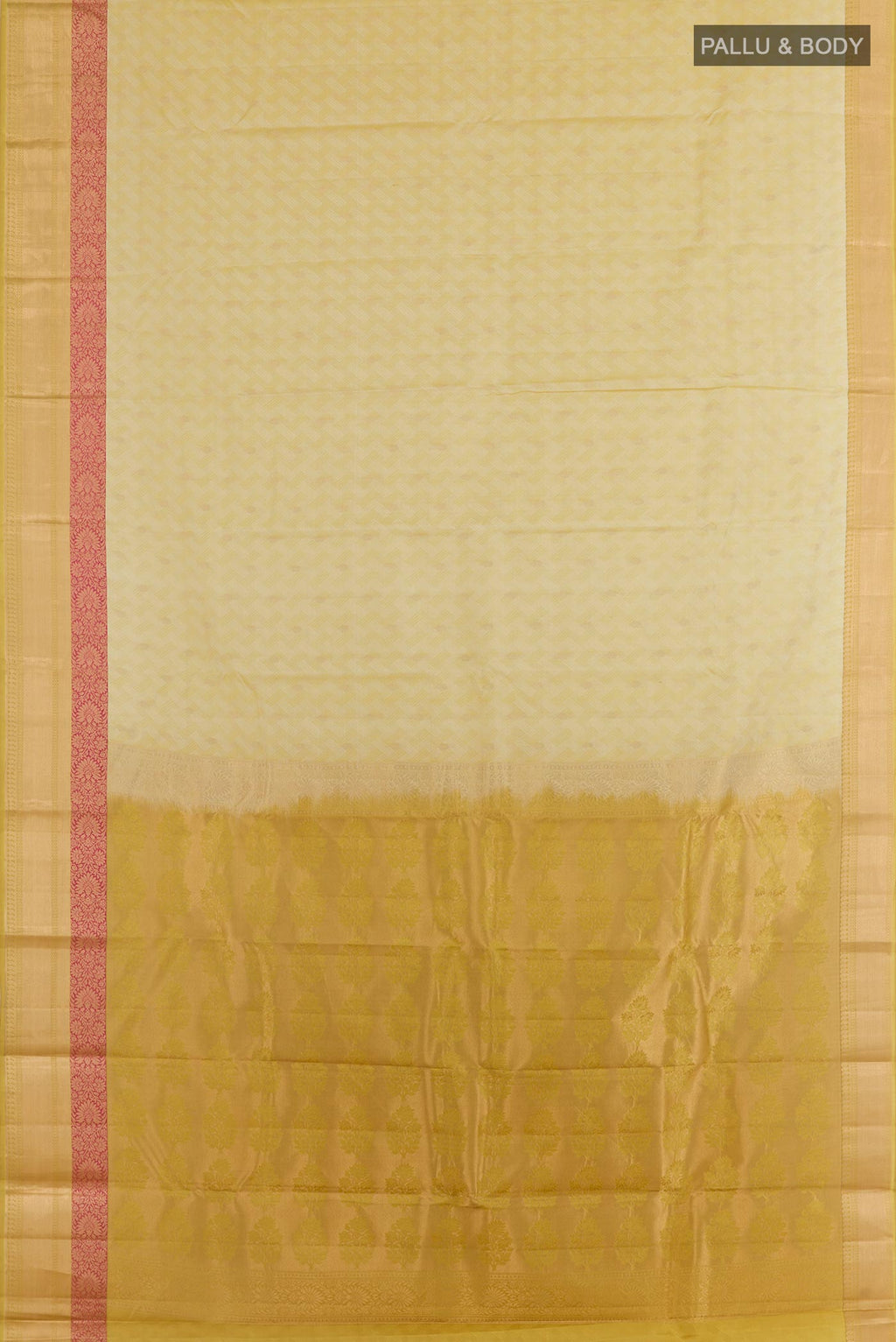 Flat view of Cream Kanjivaram Silk Saree with Jacquard With Zari Butta on the body and Zari Border. 