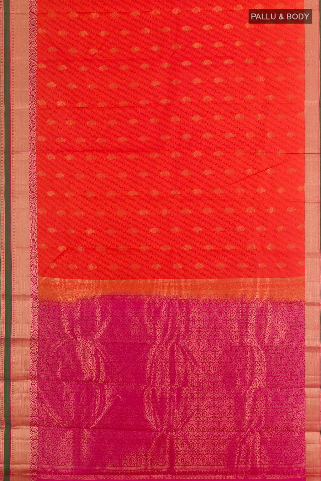 Flat view of Orange Kanjivaram Silk Saree with Jacquard With Zari Butta on the body and Zari Border. 