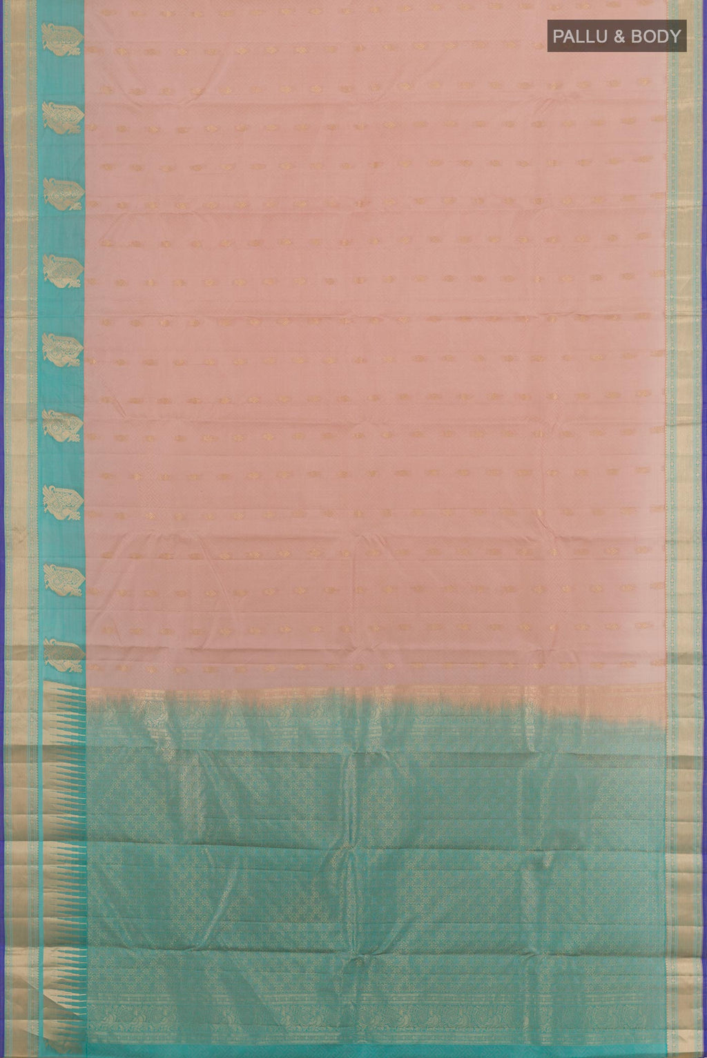 Flat view of Beige Kanjivaram Silk Saree with Jacquard With Zari Butta on the body and Zari Border. 
