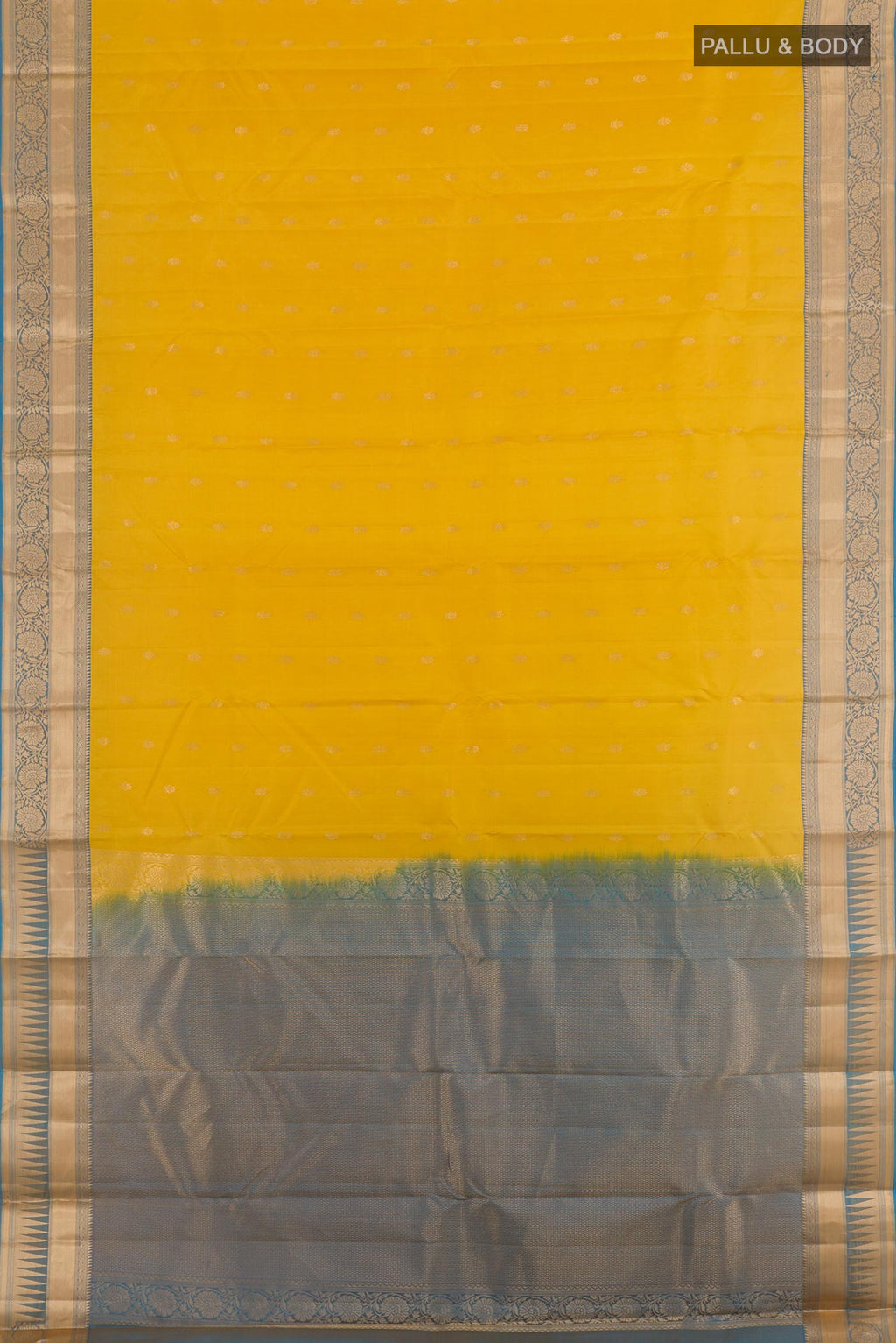 Flat view of Yellow Kanjivaram Silk Saree with Zari Butta on the body and Zari Border. 