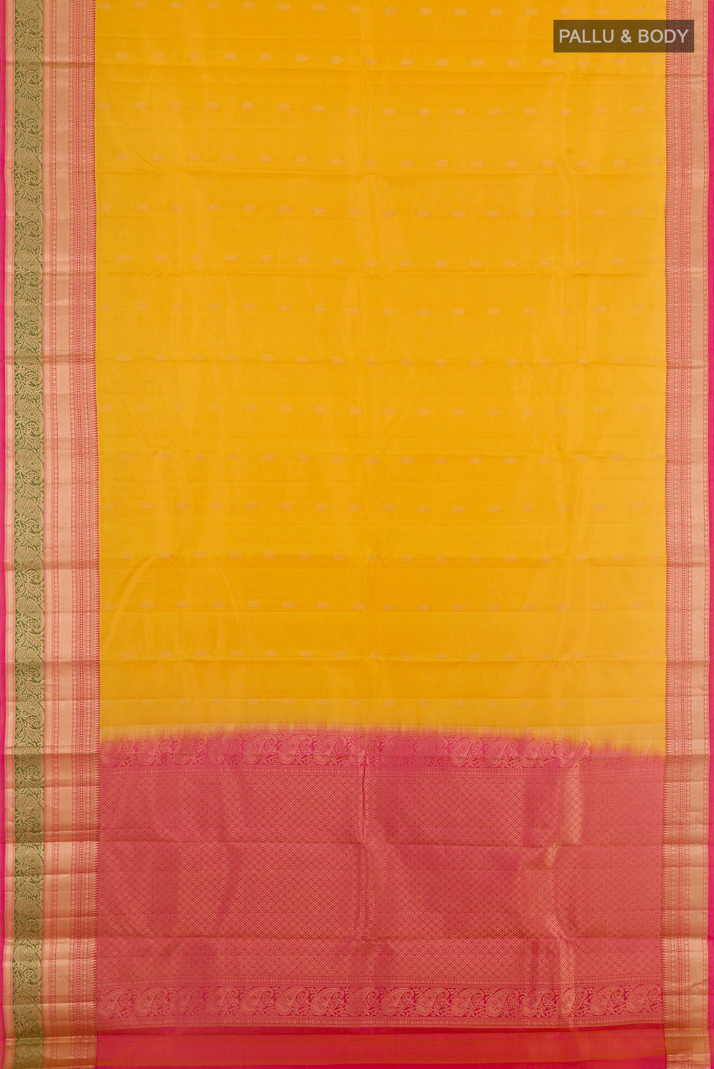 Flat view of Yellow Kanjivaram Silk Saree with Zari Butta on the body and Zari Border. 