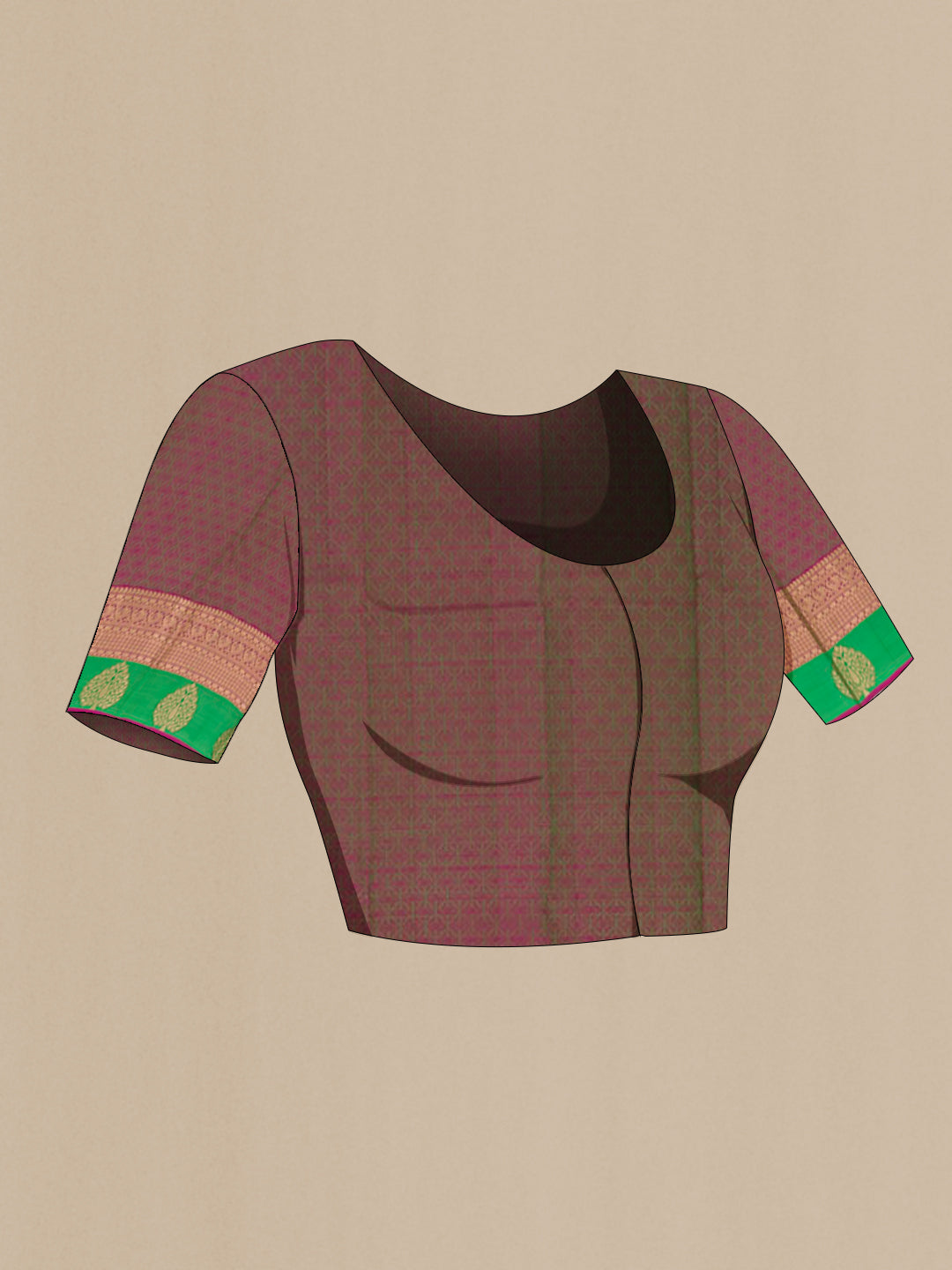 Close up image of the blouse of Green Kanjivaram Silk Saree with Jacquard design on the body and Zari Border. 