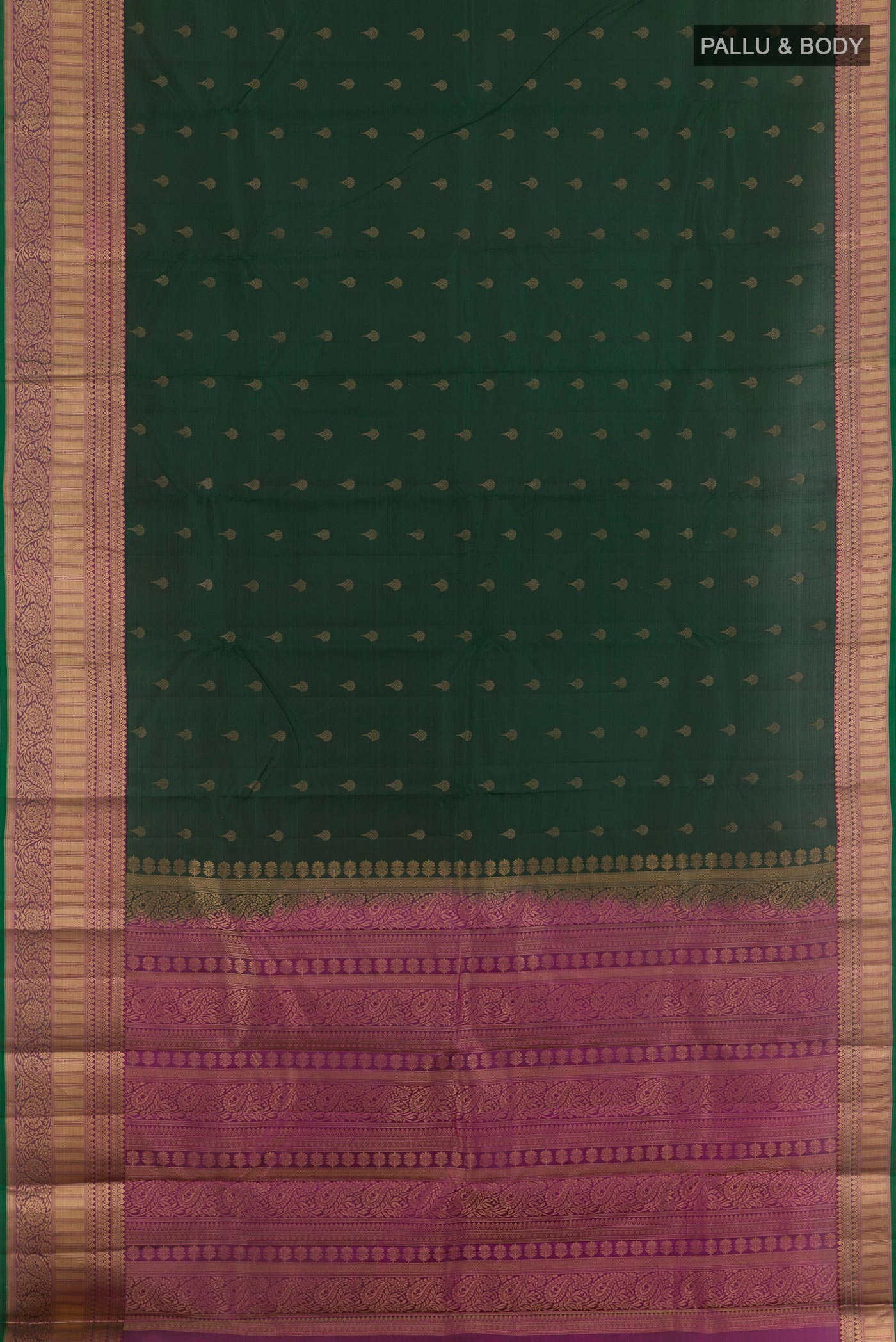 Flat view of Green Kanjivaram Silk Saree with Zari Butta on the body and Zari Border. 