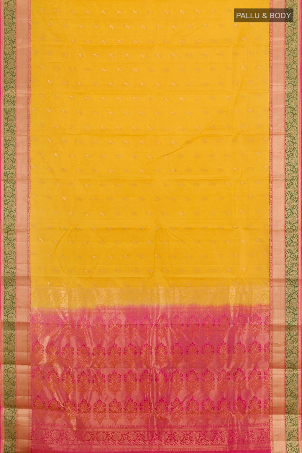 Flat view of Yellow Kanjivaram Silk Saree with Zari Butta on the body and Zari Border. 