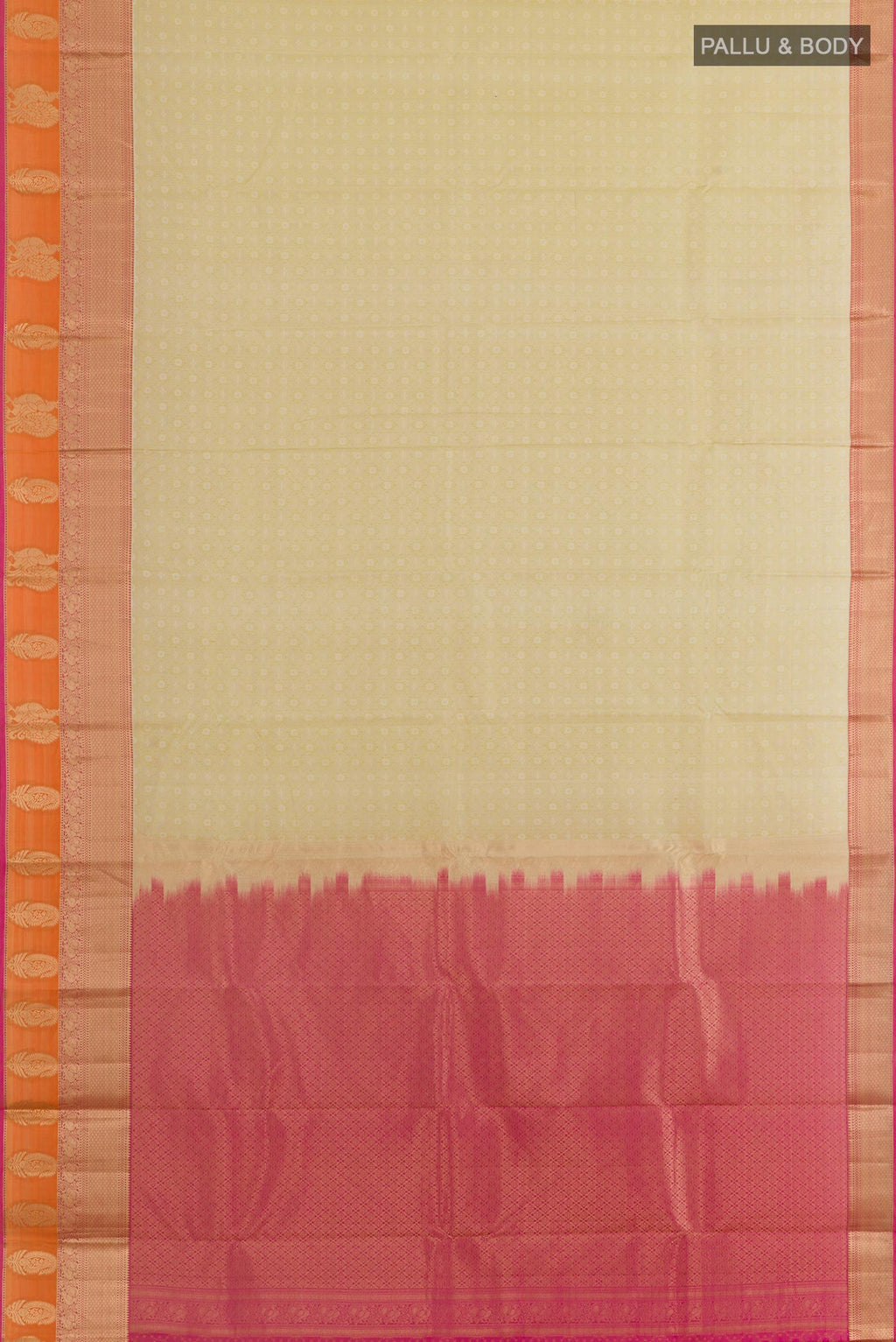 Flat view of Beige Kanjivaram Silk Saree with Jacquard design on the body and Zari Border. 