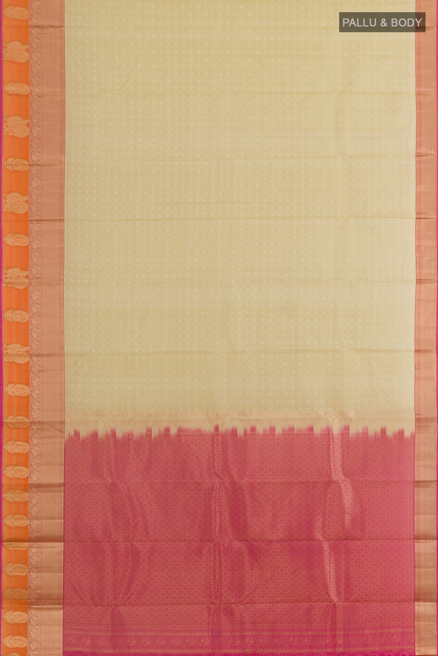 Flat view of Beige Kanjivaram Silk Saree with Jacquard design on the body and Zari Border. 