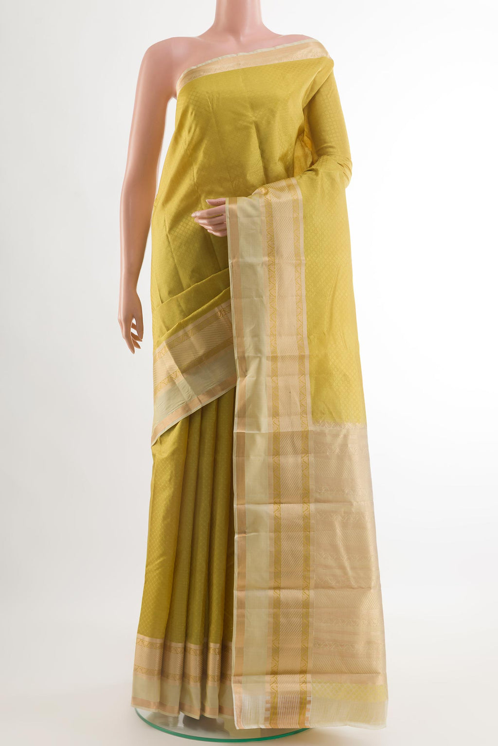 Lemon Yellow Kanjivaram Silk Saree with Jacquard design on the body and Paithani Border.  displayed on a mannequin
