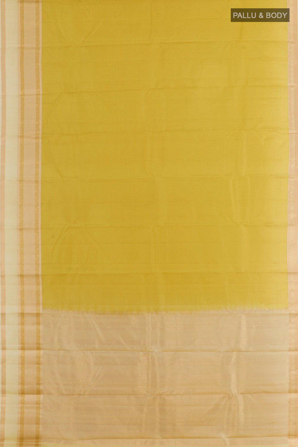 Flat view of Lemon Yellow Kanjivaram Silk Saree with Jacquard design on the body and Paithani Border. 