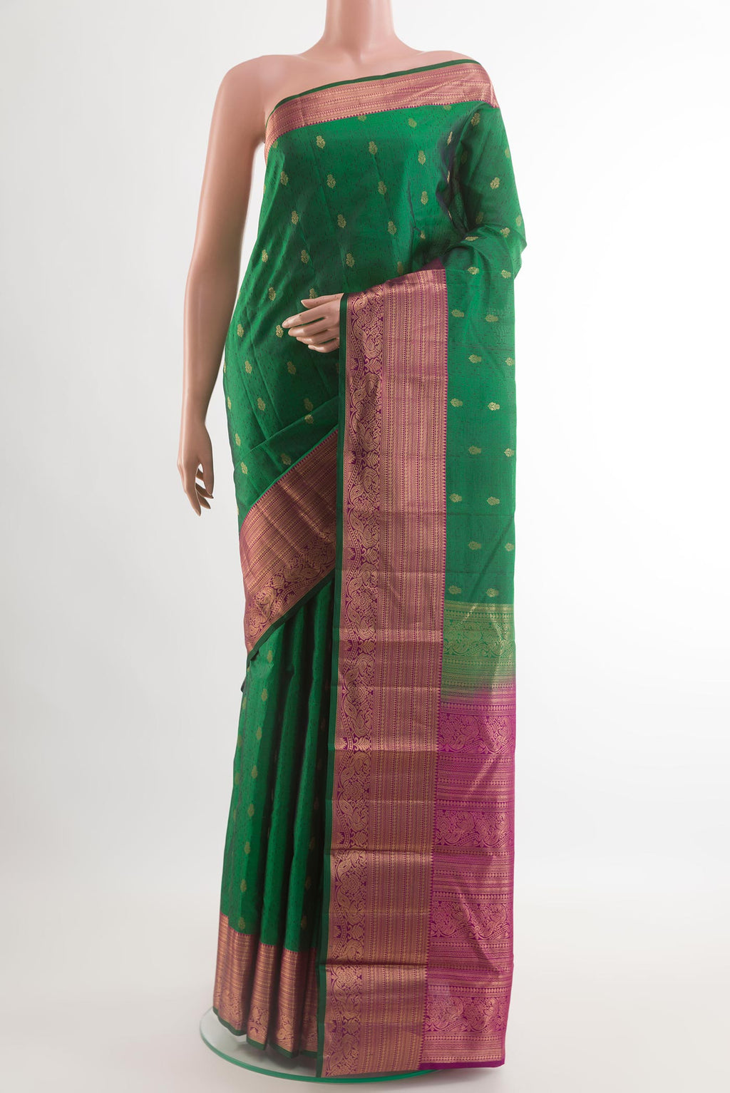 Green Kanjivaram Silk Saree with Jacquard With Zari Butta on the body and Paithani Border.  displayed on a mannequin