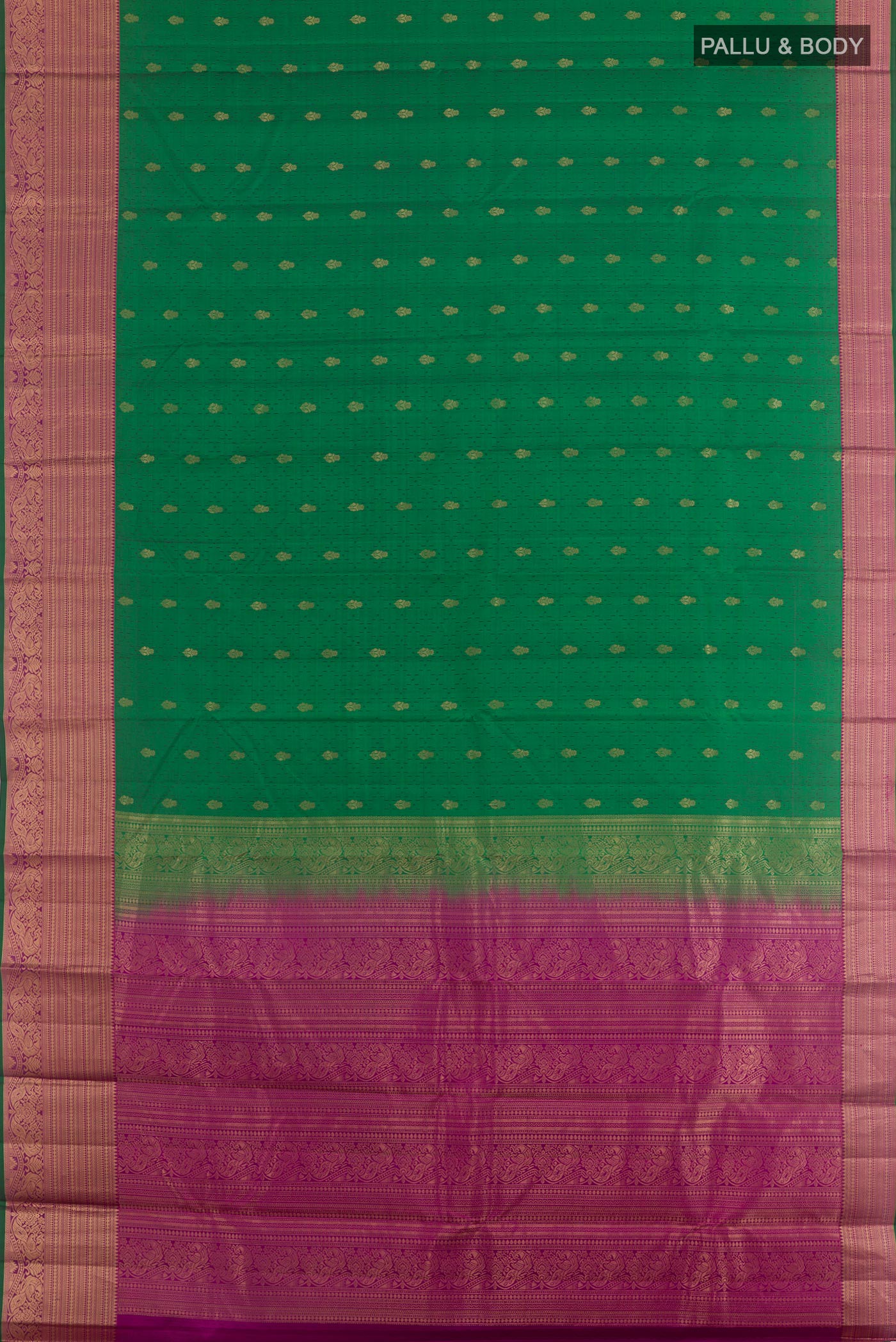Flat view of Green Kanjivaram Silk Saree with Jacquard With Zari Butta on the body and Paithani Border. 