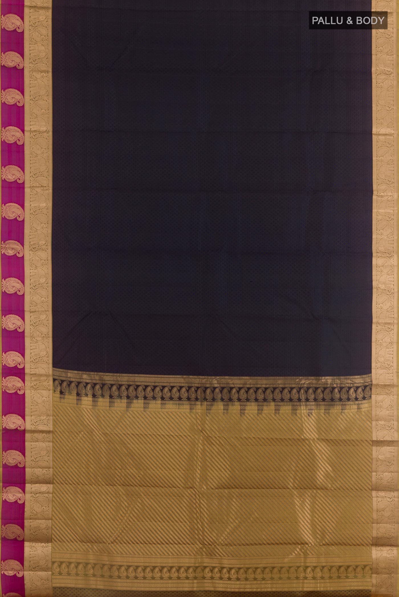 Flat view of Dark Blue Kanjivaram Silk Saree with Jacquard design on the body and Zari Border. 