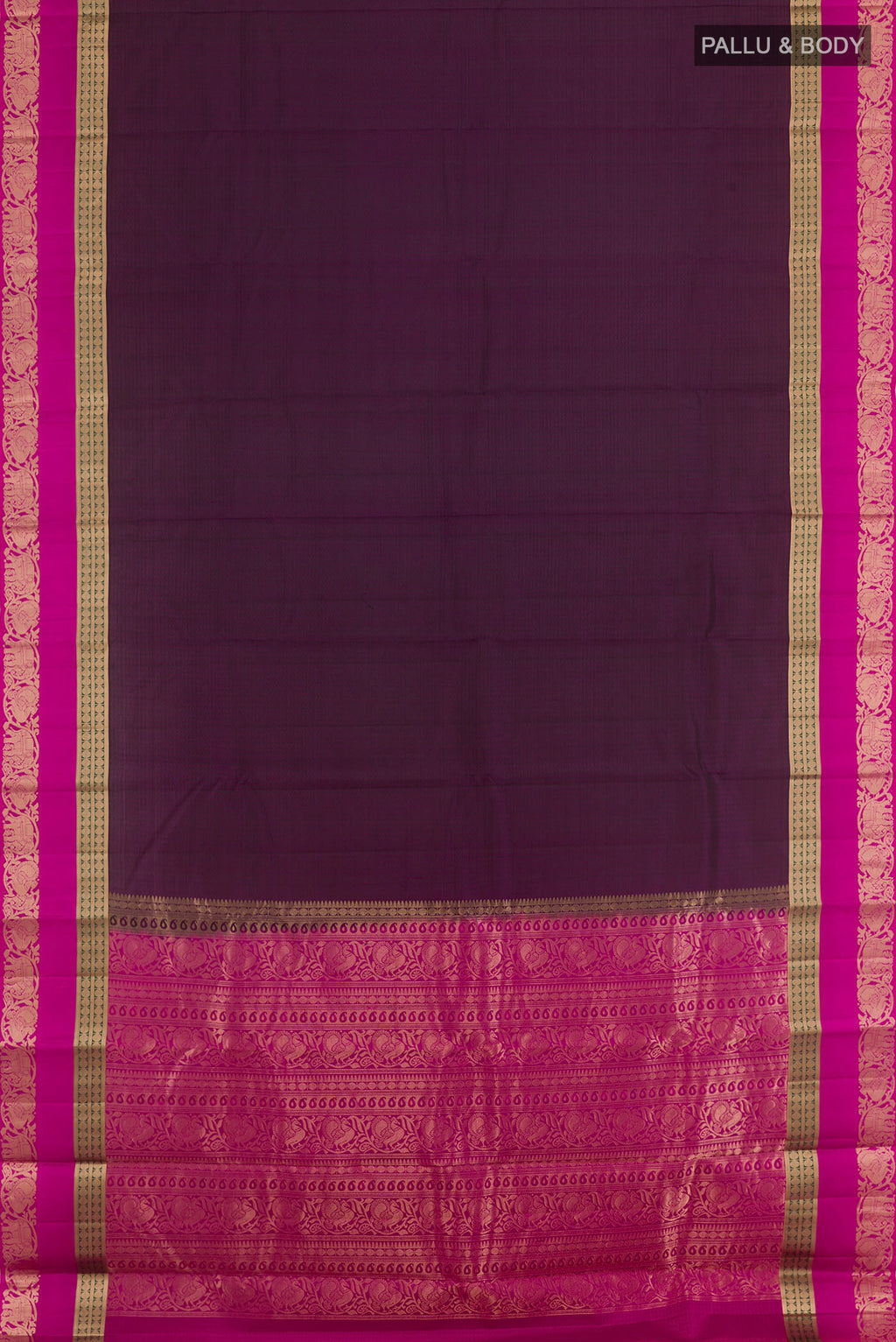 Flat view of Purple Kanjivaram Silk Saree with Jacquard design on the body and Zari Border. 