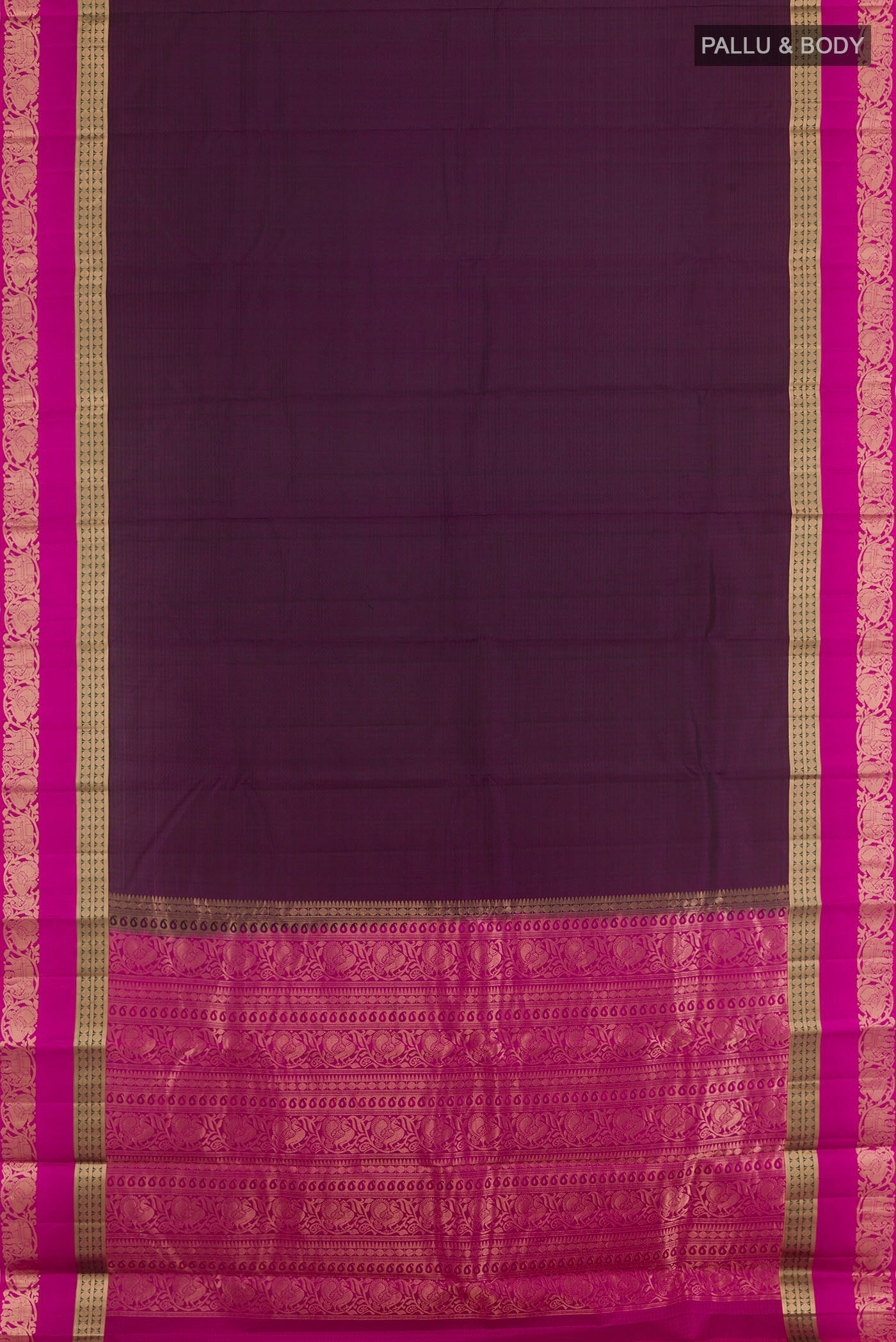 Flat view of Purple Kanjivaram Silk Saree with Jacquard design on the body and Zari Border. 