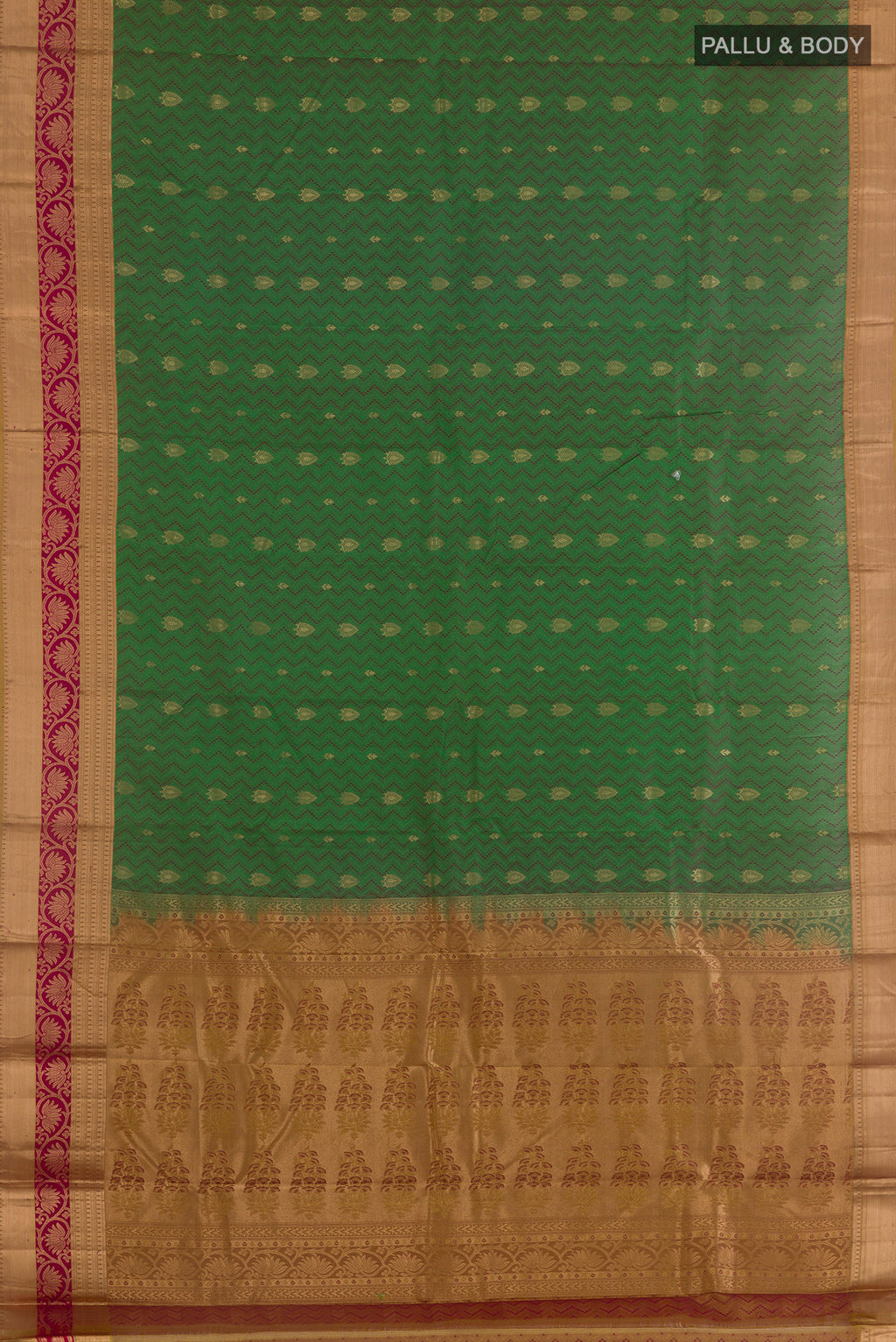 Flat view of Pure Silk Green Kanjivaram Saree with Jacquard With Zari Butta on the body and Zari Border. 