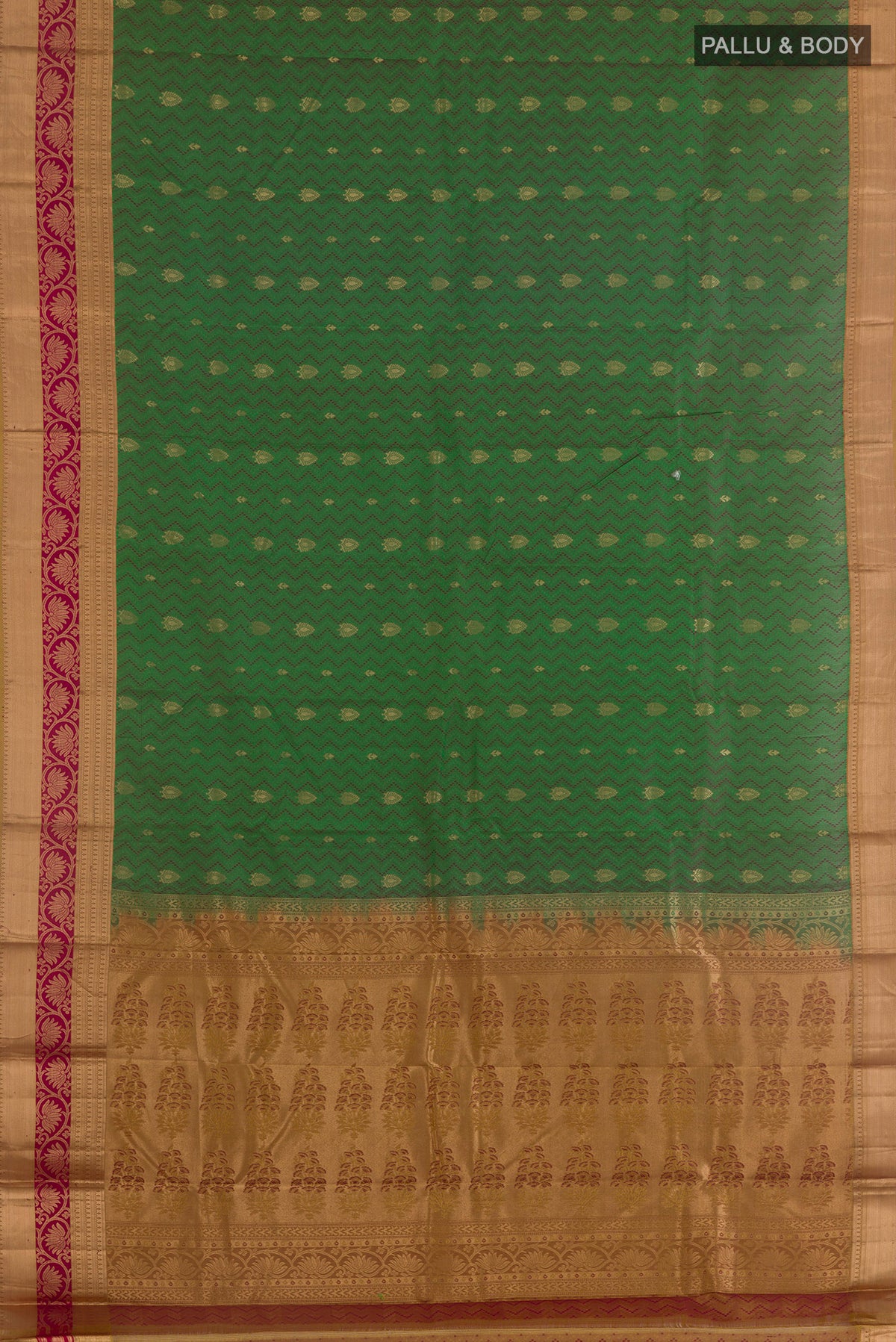 Flat view of Pure Silk Green Kanjivaram Saree with Jacquard With Zari Butta on the body and Zari Border. 
