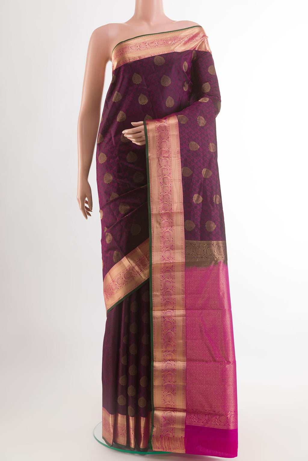 Purple Kanjivaram Silk Saree with Jacquard With Zari Butta on the body and Zari Border.  displayed on a mannequin