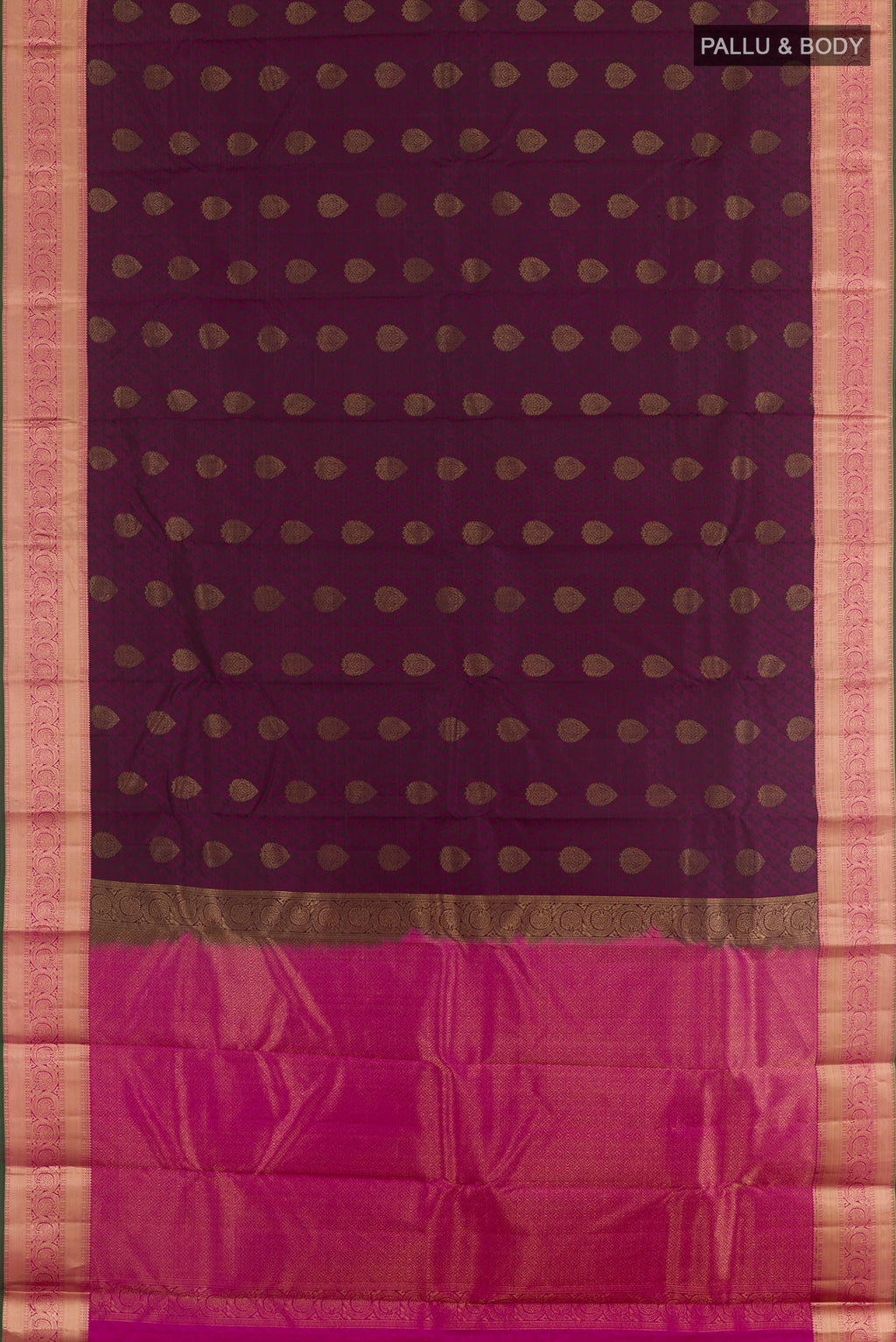 Flat view of Purple Kanjivaram Silk Saree with Jacquard With Zari Butta on the body and Zari Border. 