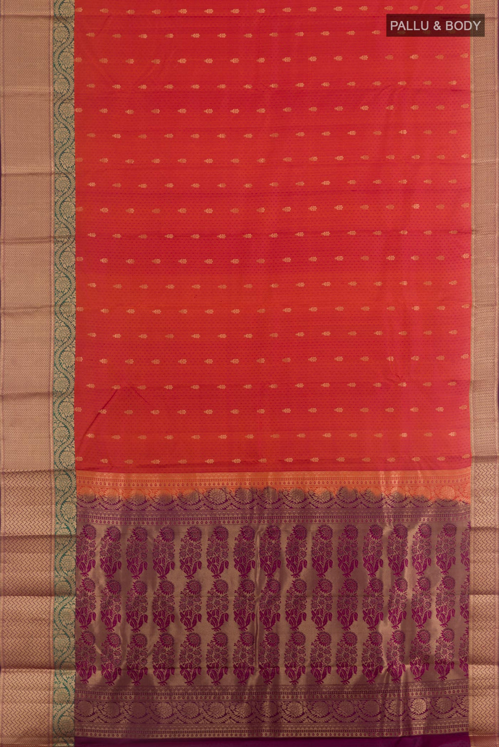 Flat view of Brick Orange Kanjivaram Silk Saree with Jacquard With Zari Butta on the body and Zari Border. 
