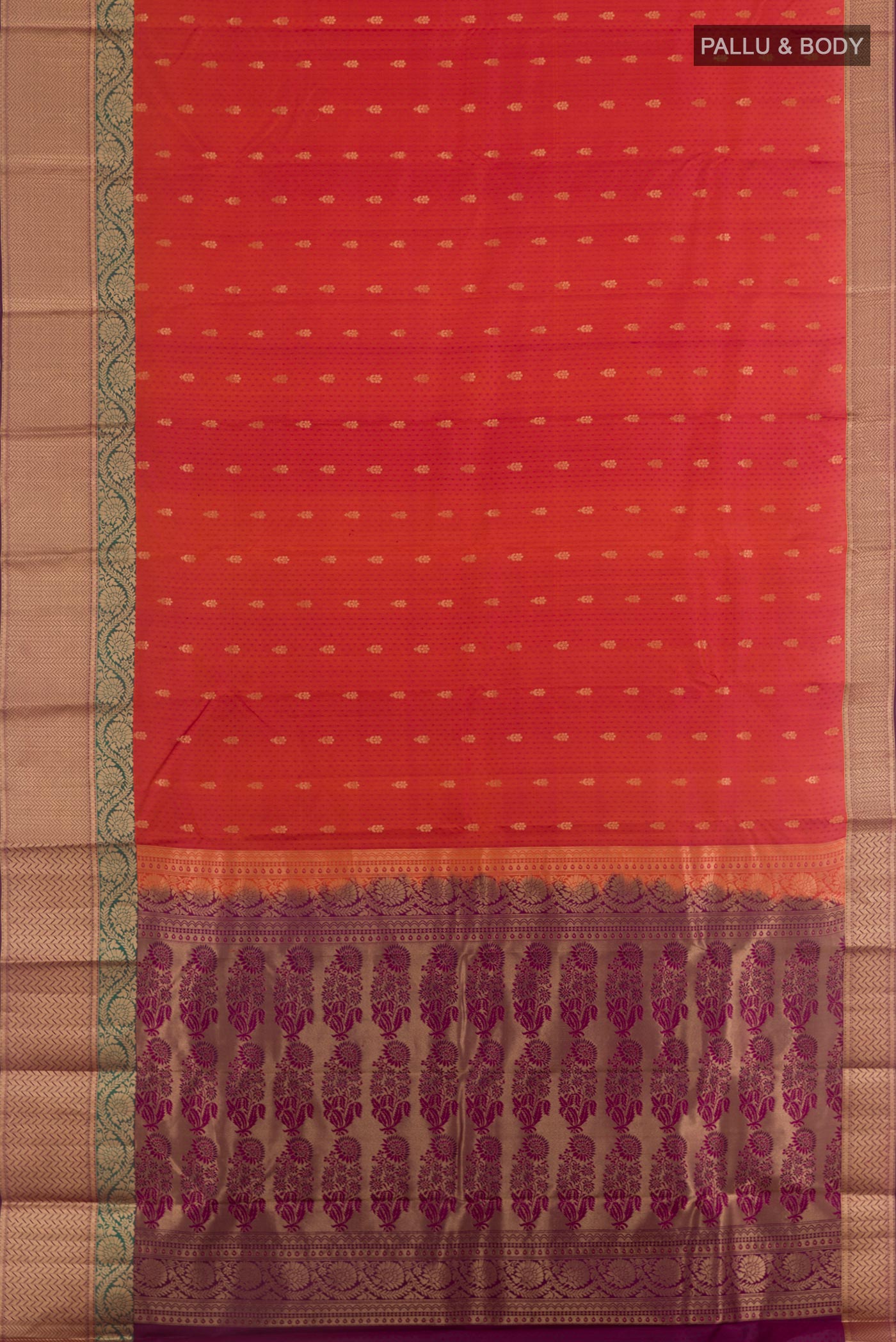 Flat view of Brick Orange Kanjivaram Silk Saree with Jacquard With Zari Butta on the body and Zari Border. 