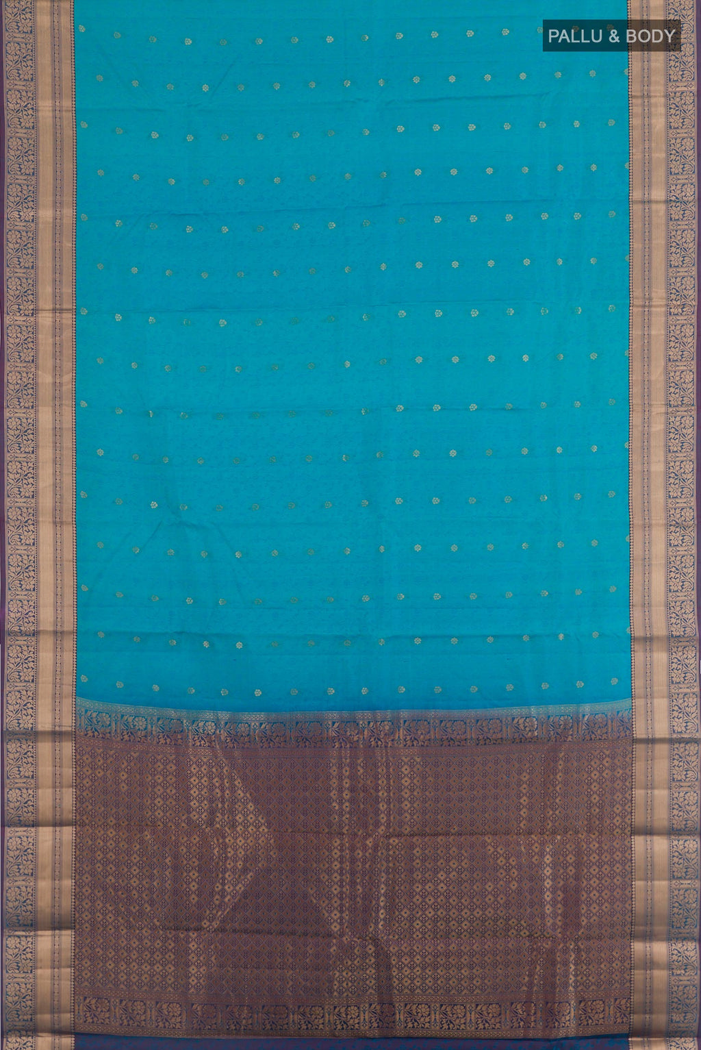 Flat view of Blue Kanjivaram Silk Saree with Jacquard With Zari Butta on the body and Zari Border. 