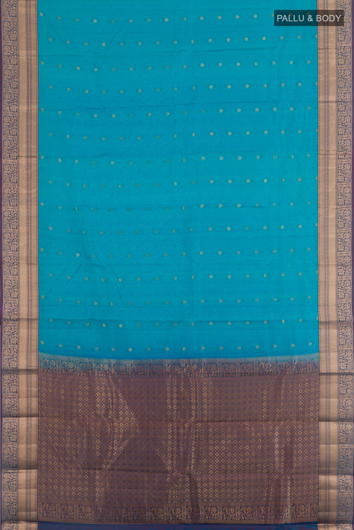 Flat view of Blue Kanjivaram Silk Saree with Jacquard With Zari Butta on the body and Zari Border. 