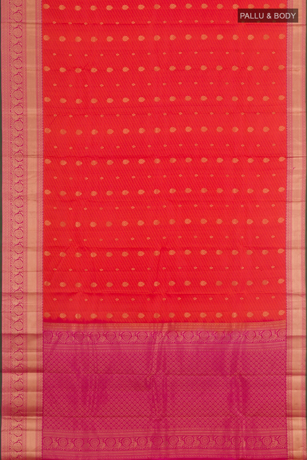 Flat view of Orange Kanjivaram Silk Saree with Jacquard With Zari Butta on the body and Zari Border. 