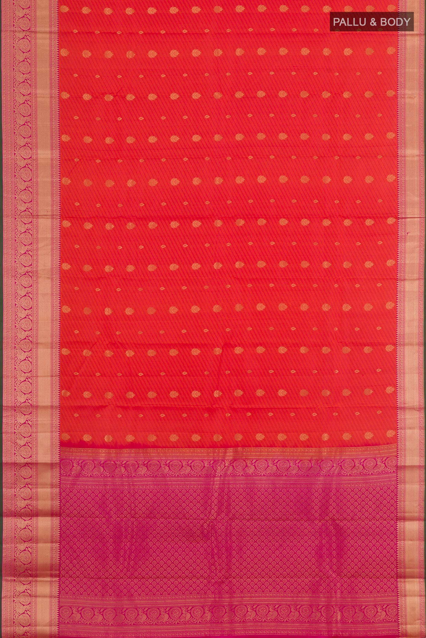 Flat view of Orange Kanjivaram Silk Saree with Jacquard With Zari Butta on the body and Zari Border. 