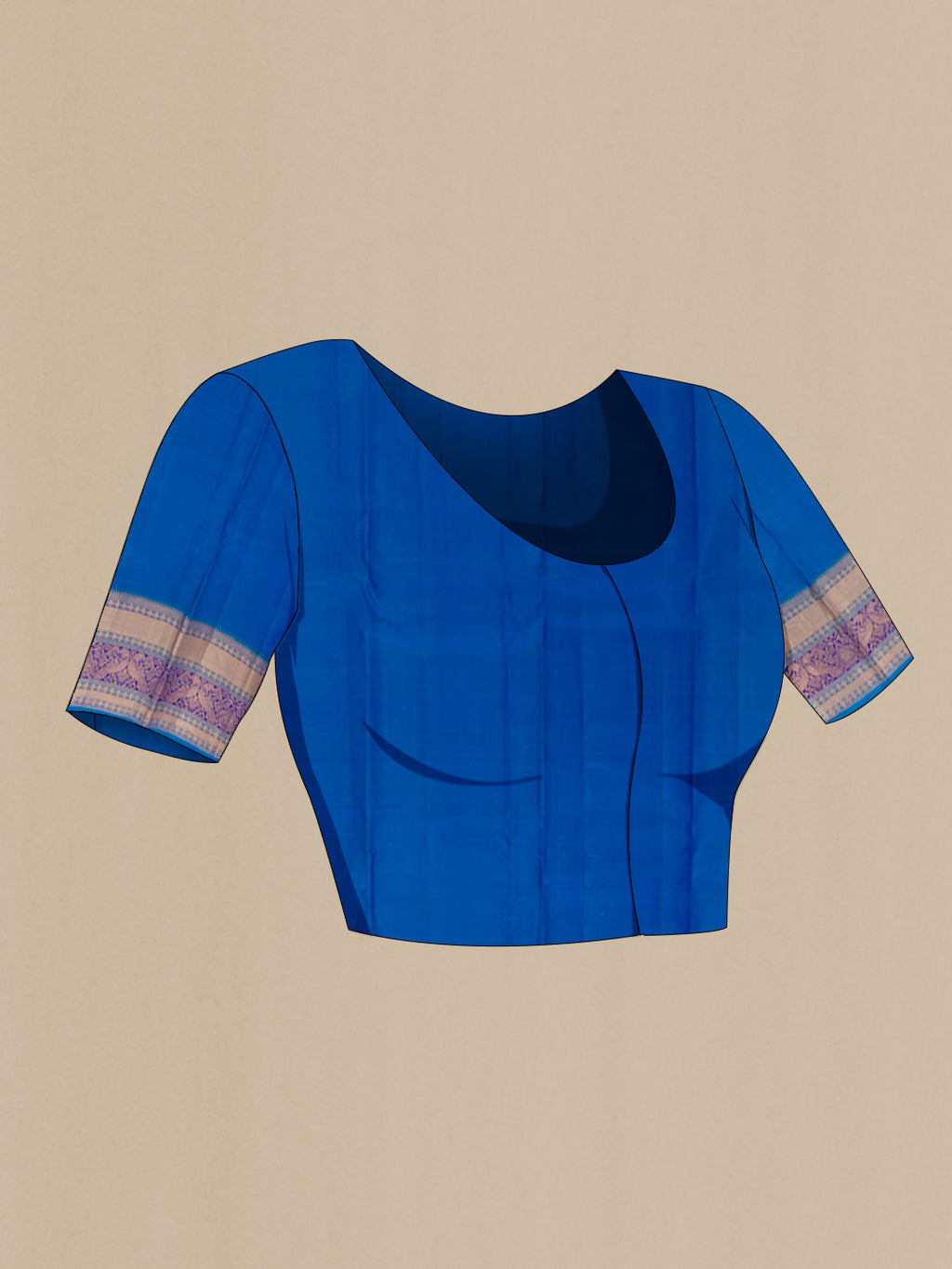 Close up image of the blouse of Dark Blue Kanjivaram Silk Saree with Zari Butta on the body and Zari Border. 