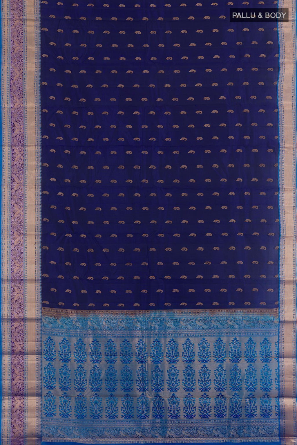 Flat view of Dark Blue Kanjivaram Silk Saree with Zari Butta on the body and Zari Border. 