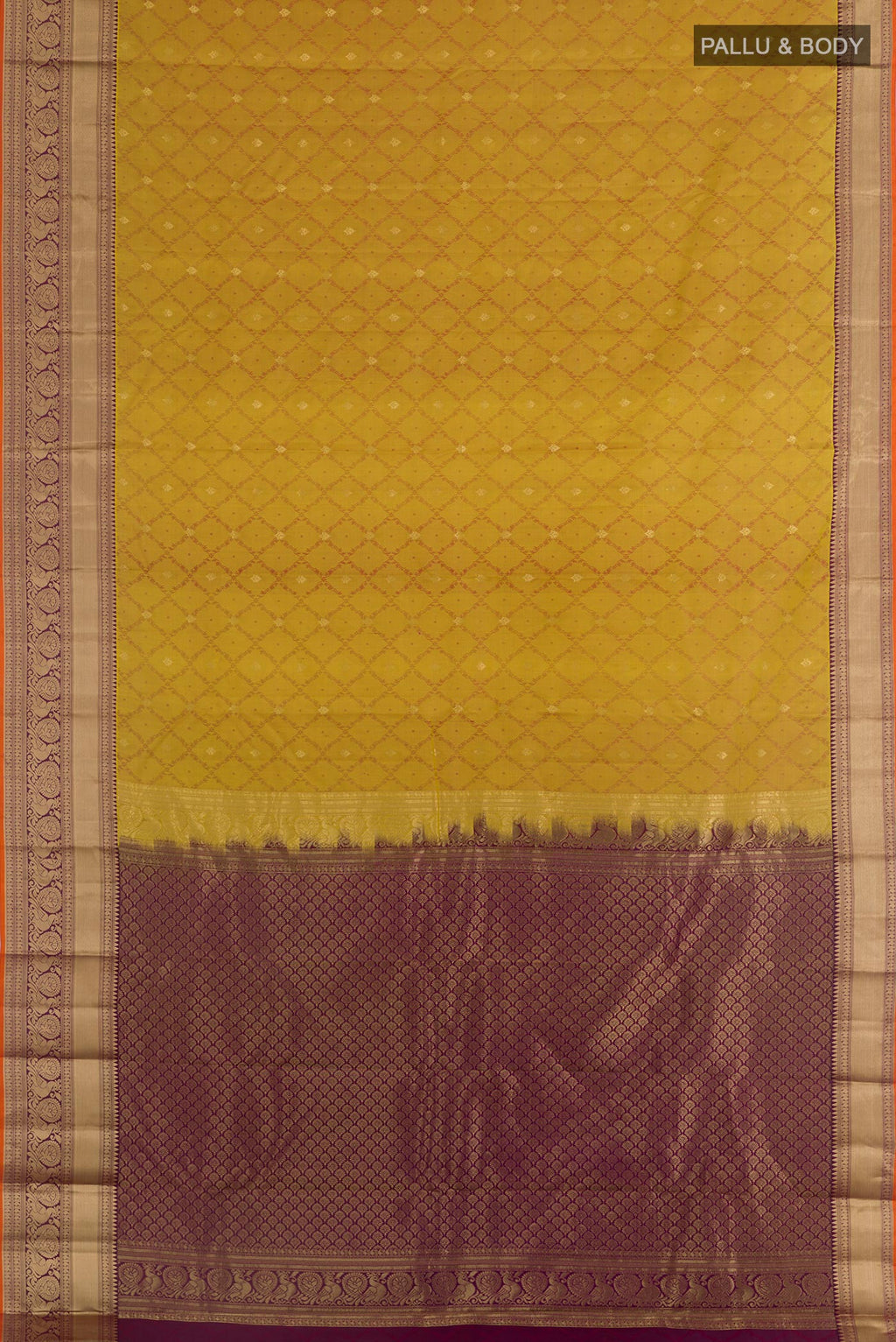 Flat view of Mustard Kanjivaram Silk Saree with Jacquard With Zari Butta on the body and Zari Border. 