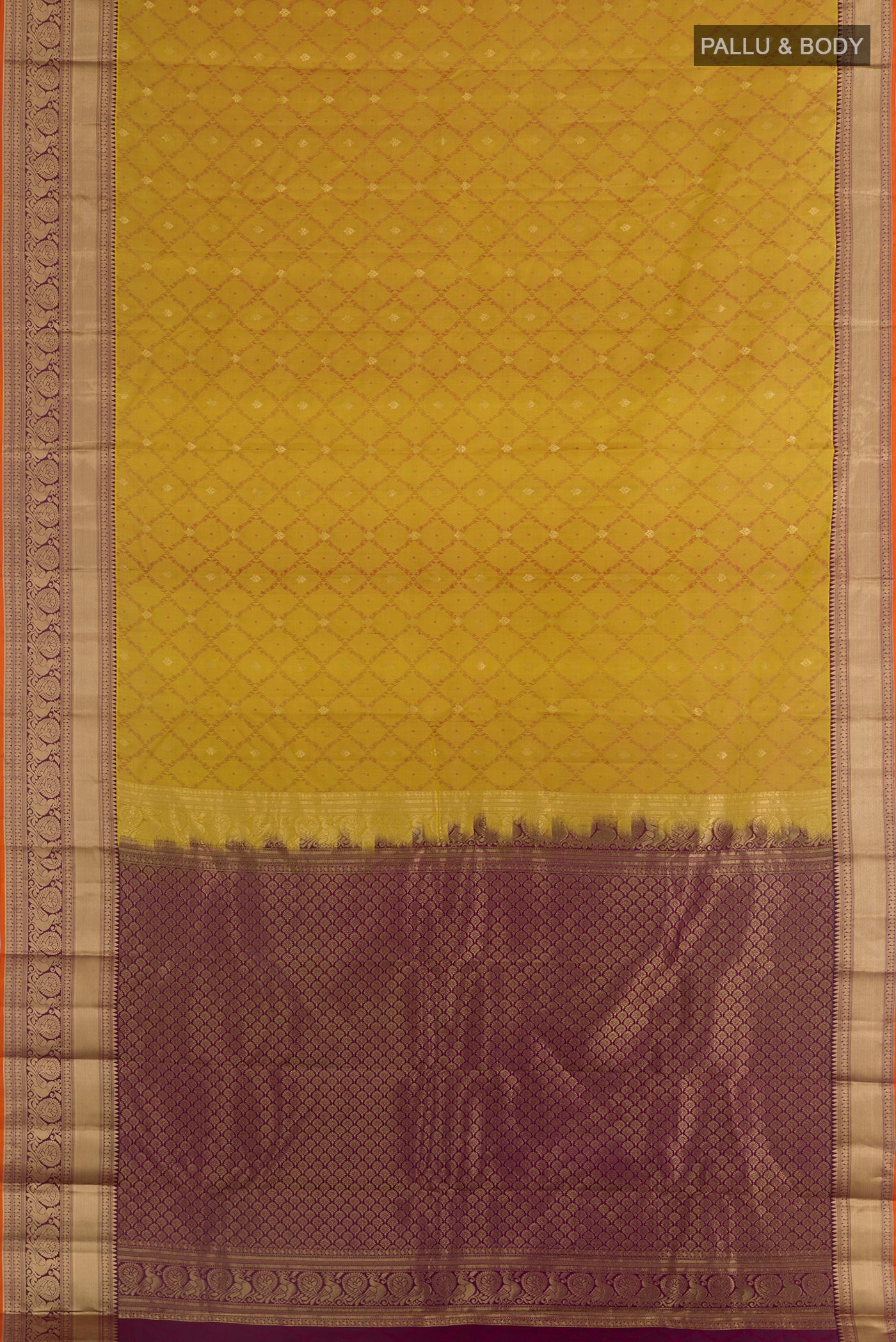 Flat view of Mustard Kanjivaram Silk Saree with Jacquard With Zari Butta on the body and Zari Border. 