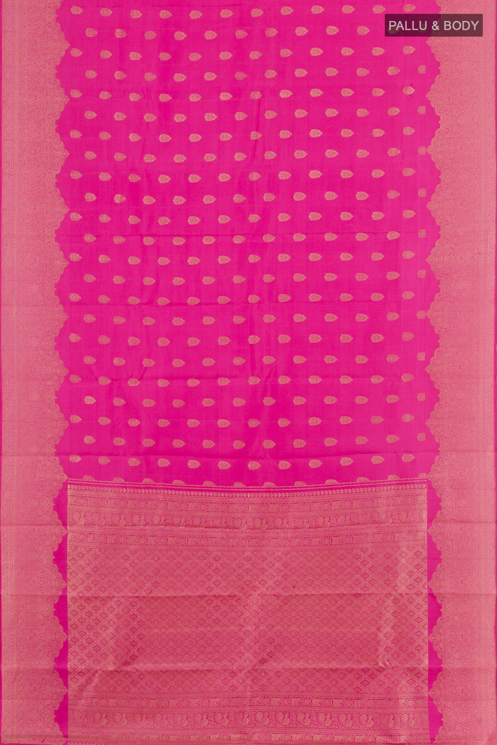 Flat view of Pink Kanchipuram Silk Saree with Zari Butta on the body and Zari Border. 